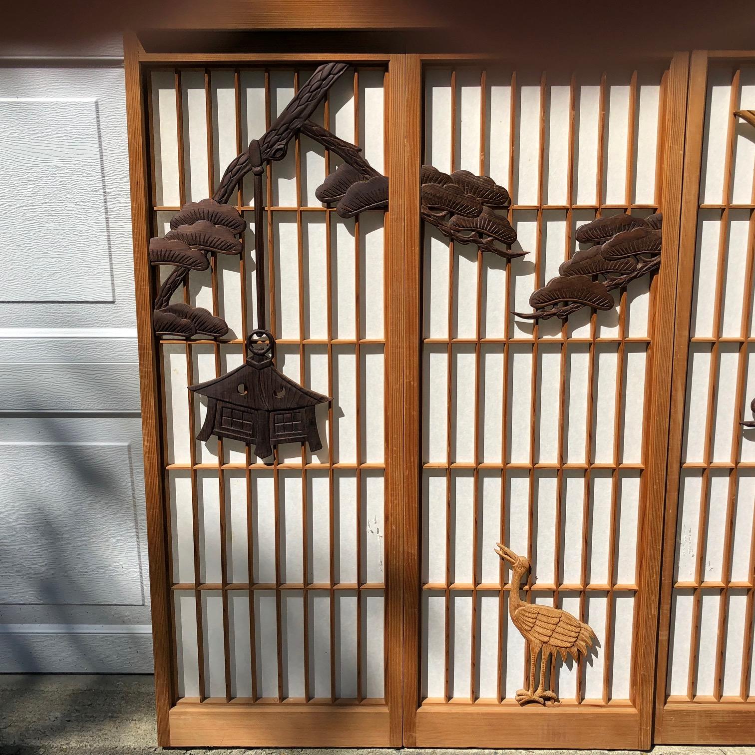 Japanese Fine Vintage Five-Panel Shoji Screen Set Black Pine, Birds and Lantern 3