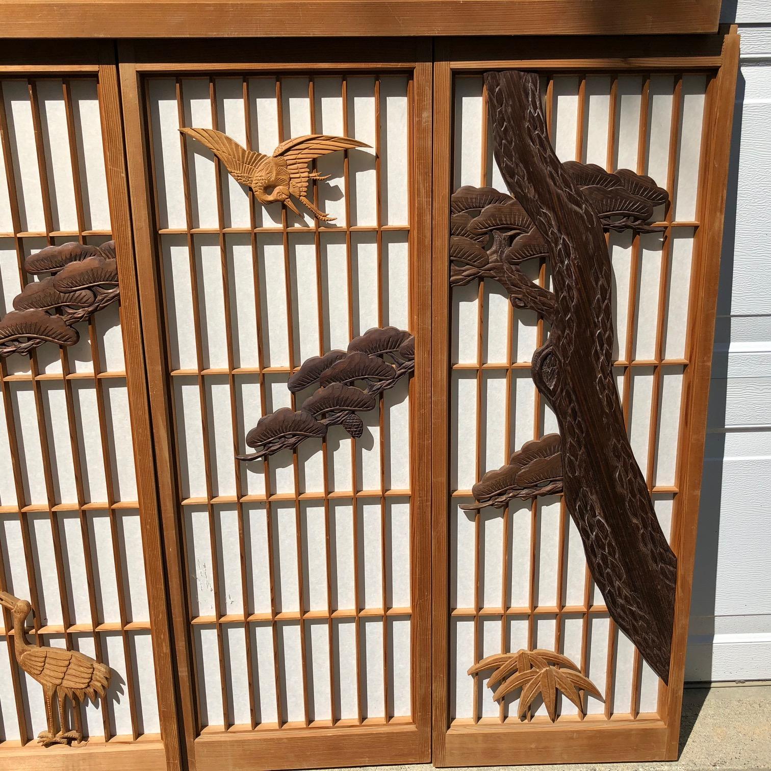 Japanese Fine Vintage Five-Panel Shoji Screen Set Black Pine, Birds and Lantern 4