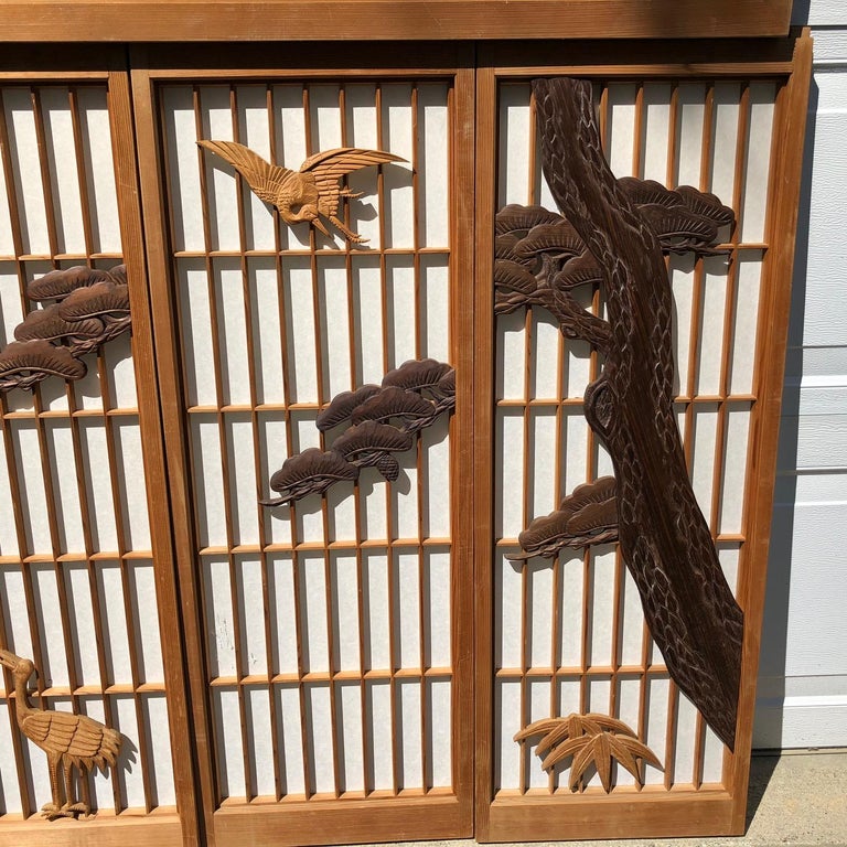Japanese Fine Vintage FivePanel Shoji Screen Set Black Pine, Birds and