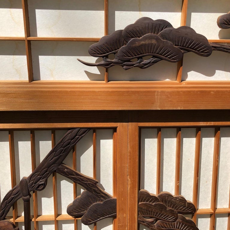 Japanese Fine Vintage FivePanel Shoji Screen Set Black Pine, Birds and