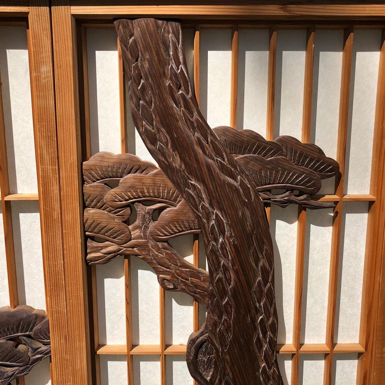 Japanese Fine Vintage FivePanel Shoji Screen Set Black Pine, Birds and