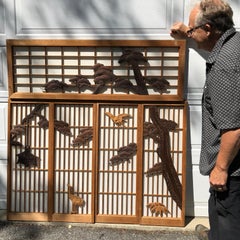 Japanese Fine Vintage Five-Panel Shoji Screen Set Black Pine, Birds and Lantern