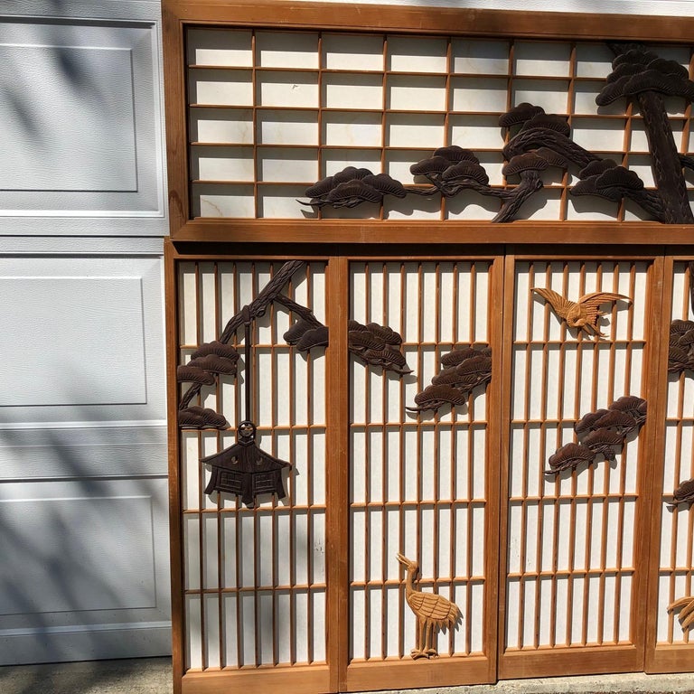 Japanese Fine Vintage FivePanel Shoji Screen Set Black Pine, Birds and