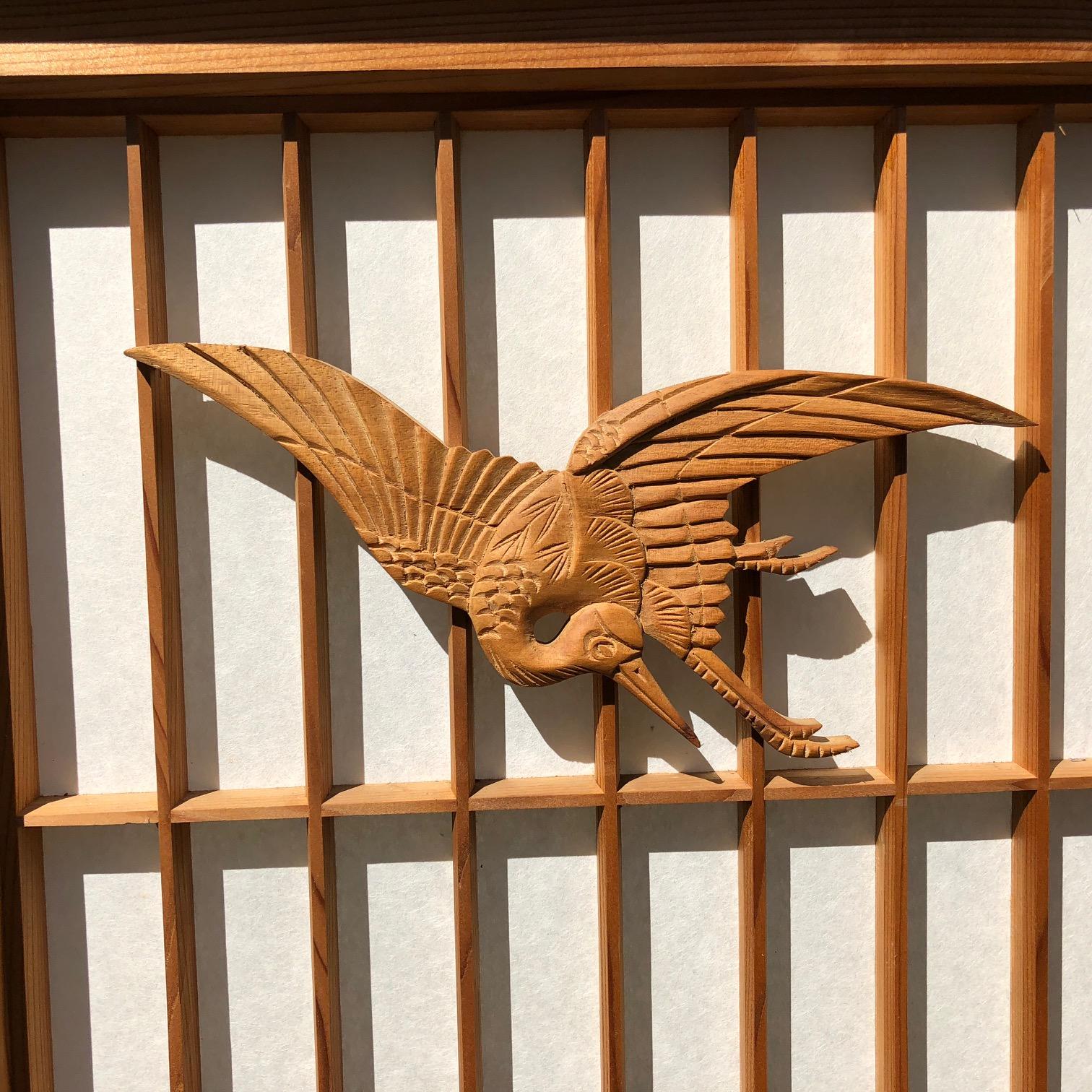 Hand-Carved Japanese Fine Vintage Five-Panel Shoji Screen Set Black Pine, Birds and Lantern