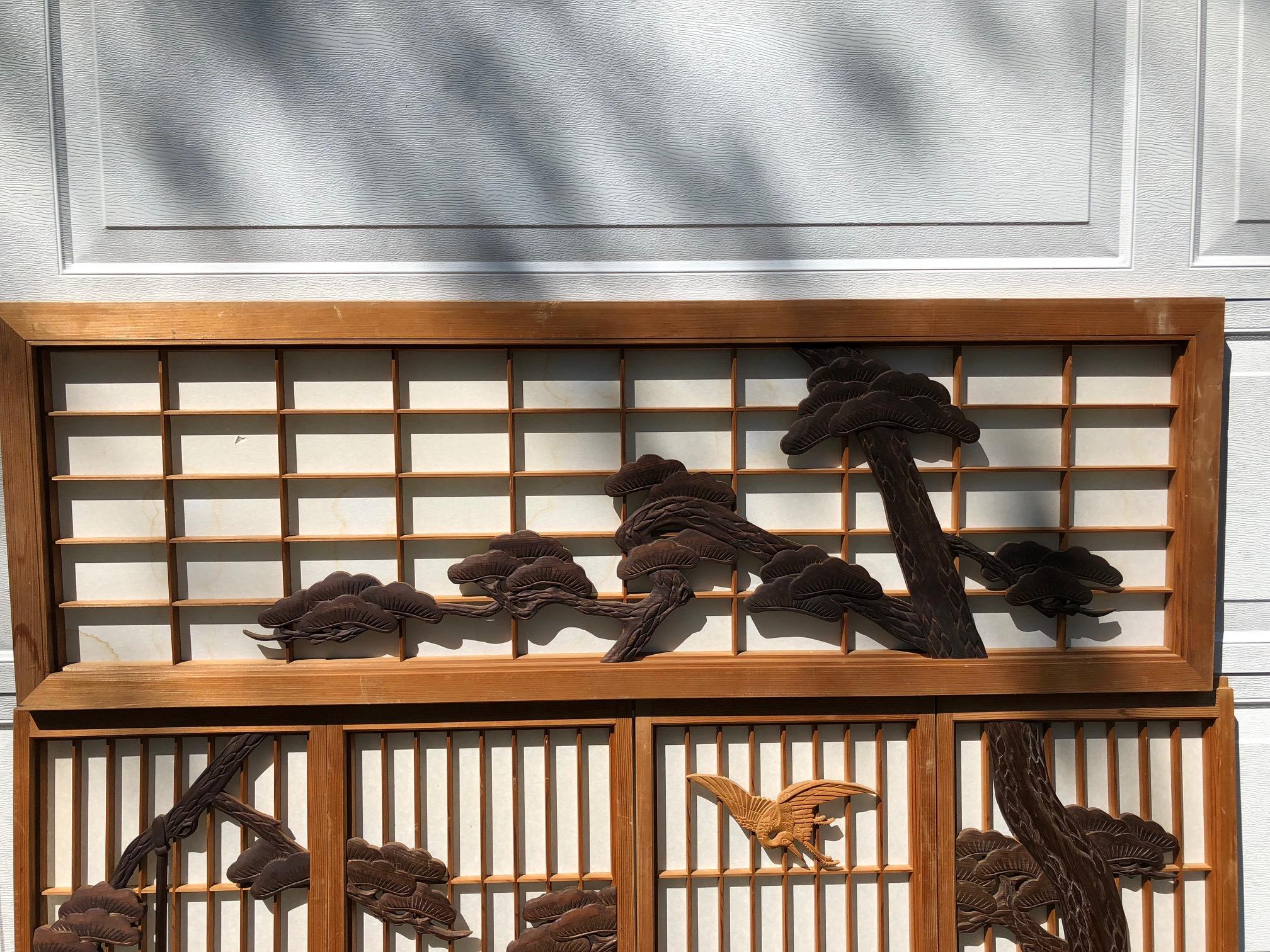 Japanese Fine Vintage Five-Panel Shoji Screen Set Black Pine, Birds and Lantern In Good Condition In South Burlington, VT