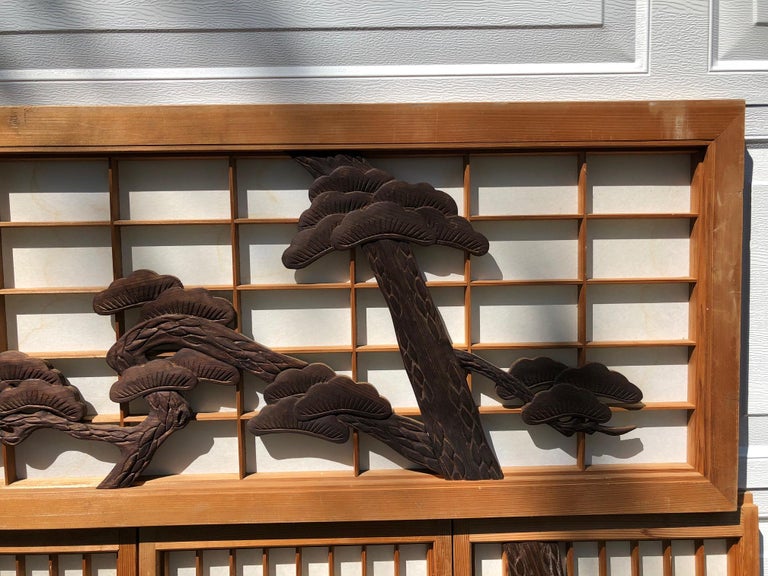 Japanese Fine Vintage FivePanel Shoji Screen Set Black Pine, Birds and