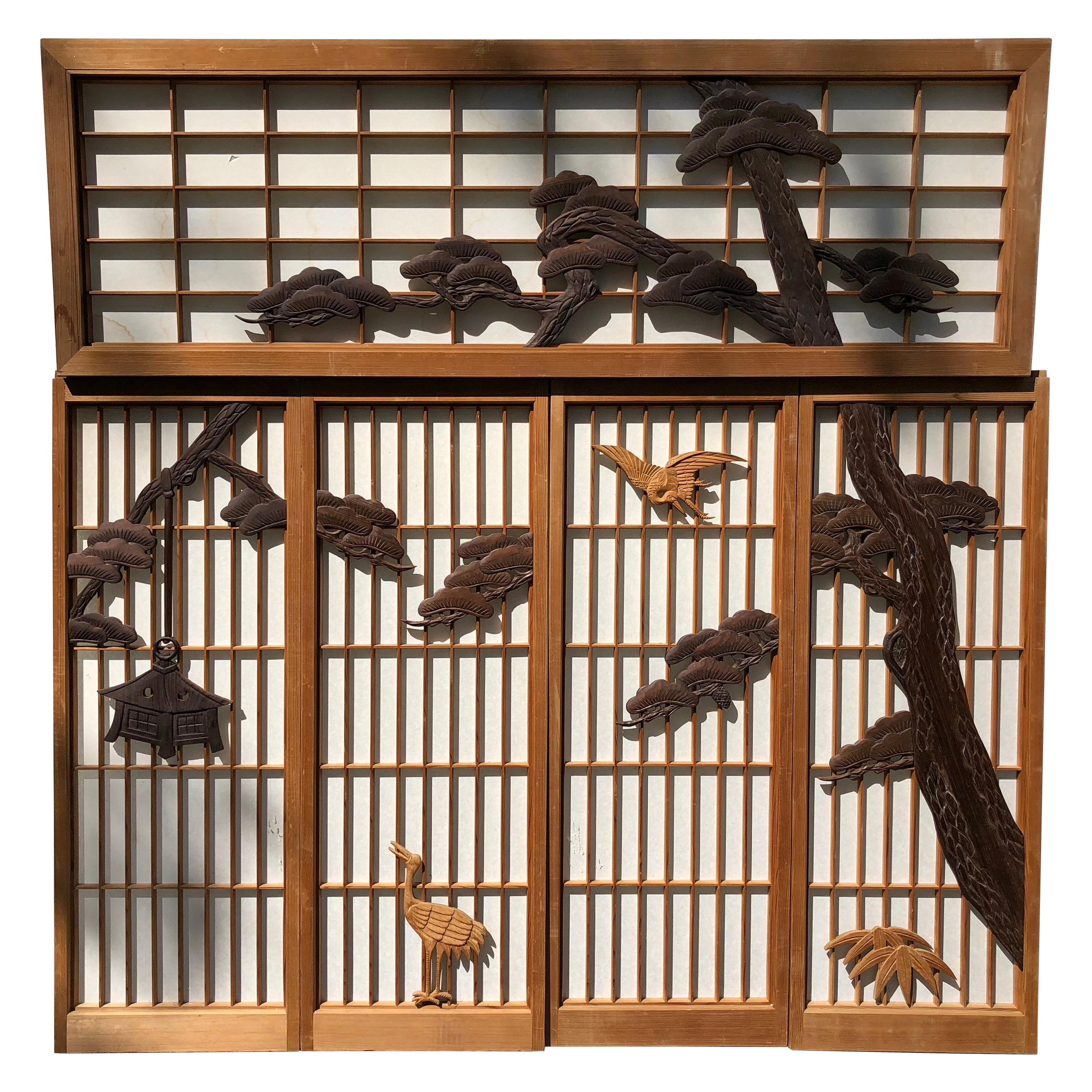 Japanese Fine Vintage Five-Panel Shoji Screen Set Black Pine, Birds and Lantern