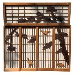 Japanese Fine Used Five-Panel Shoji Screen Set Black Pine, Birds and Lantern