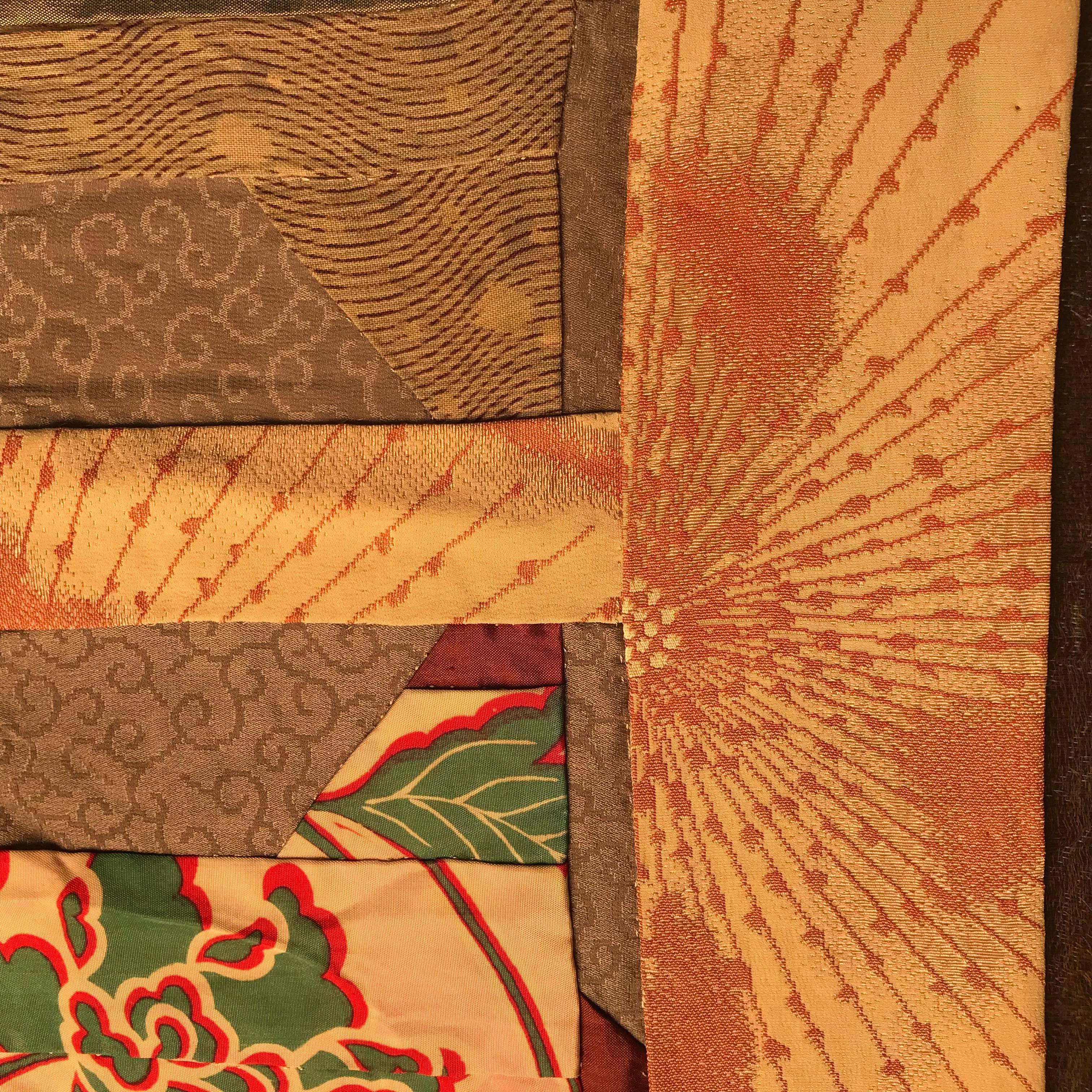 Japanese Fine Vintage Hand Sewn Silk Kimono Quilt Wall Art, Pretty Pastels 10