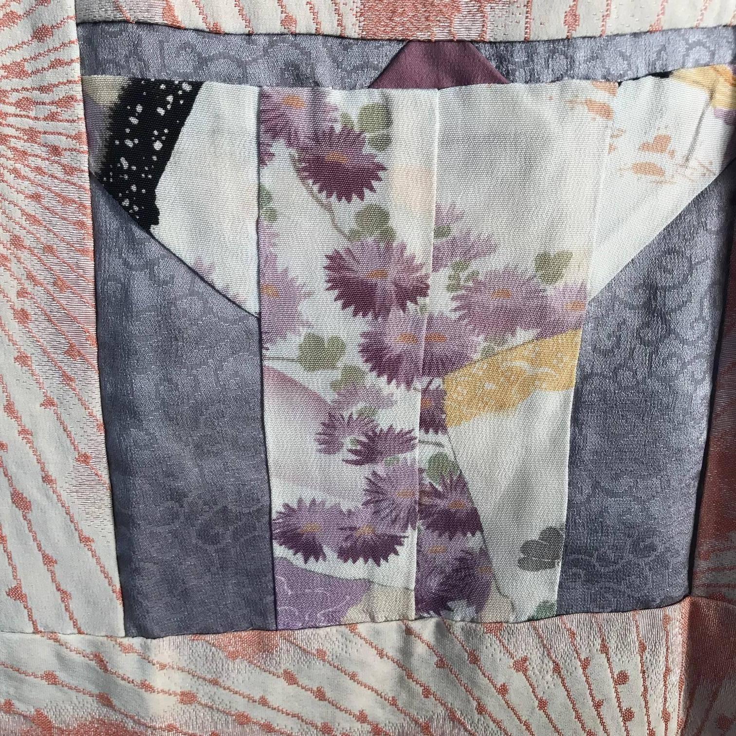 Japanese Fine Vintage Hand Sewn Silk Kimono Quilt Wall Art, Pretty Pastels 4