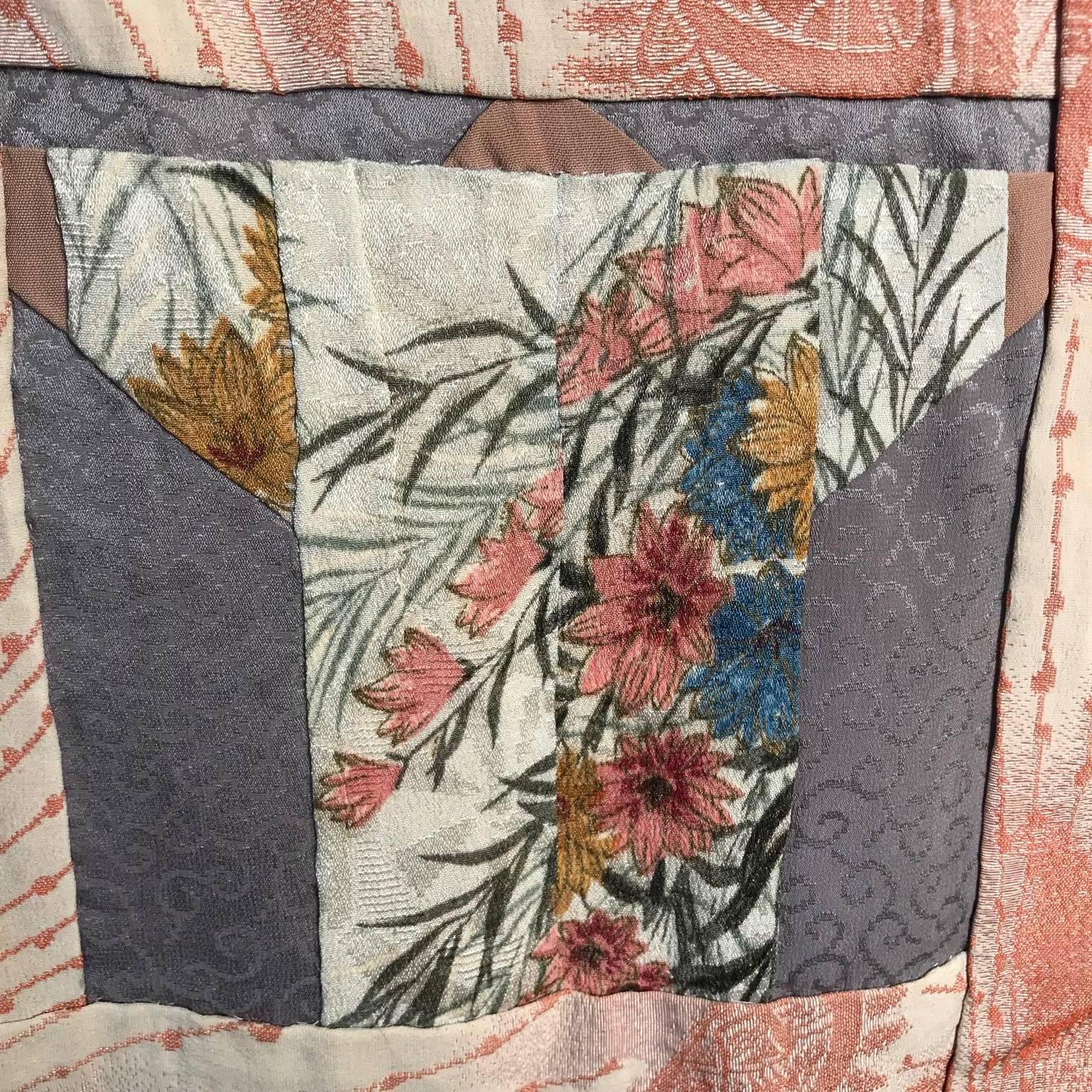 Japanese Fine Vintage Hand Sewn Silk Kimono Quilt Wall Art, Pretty Pastels 5