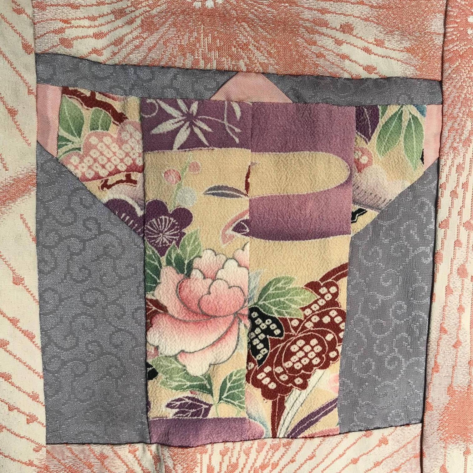 Japanese Fine Vintage Hand Sewn Silk Kimono Quilt Wall Art, Pretty Pastels 6