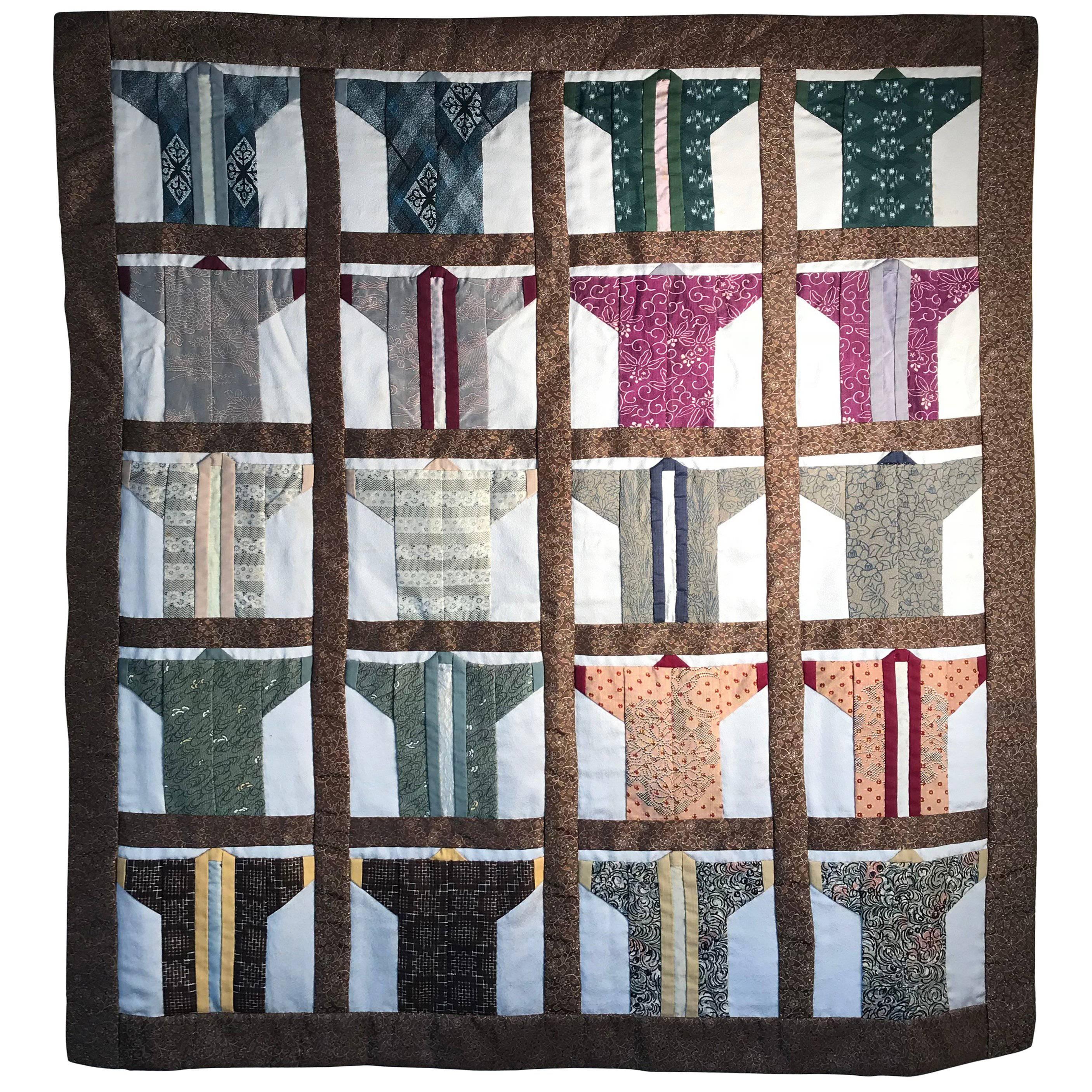 Japanese Fine Vintage Hand-Sewn Silk Kimono Quilt Wall Art Bold Colors