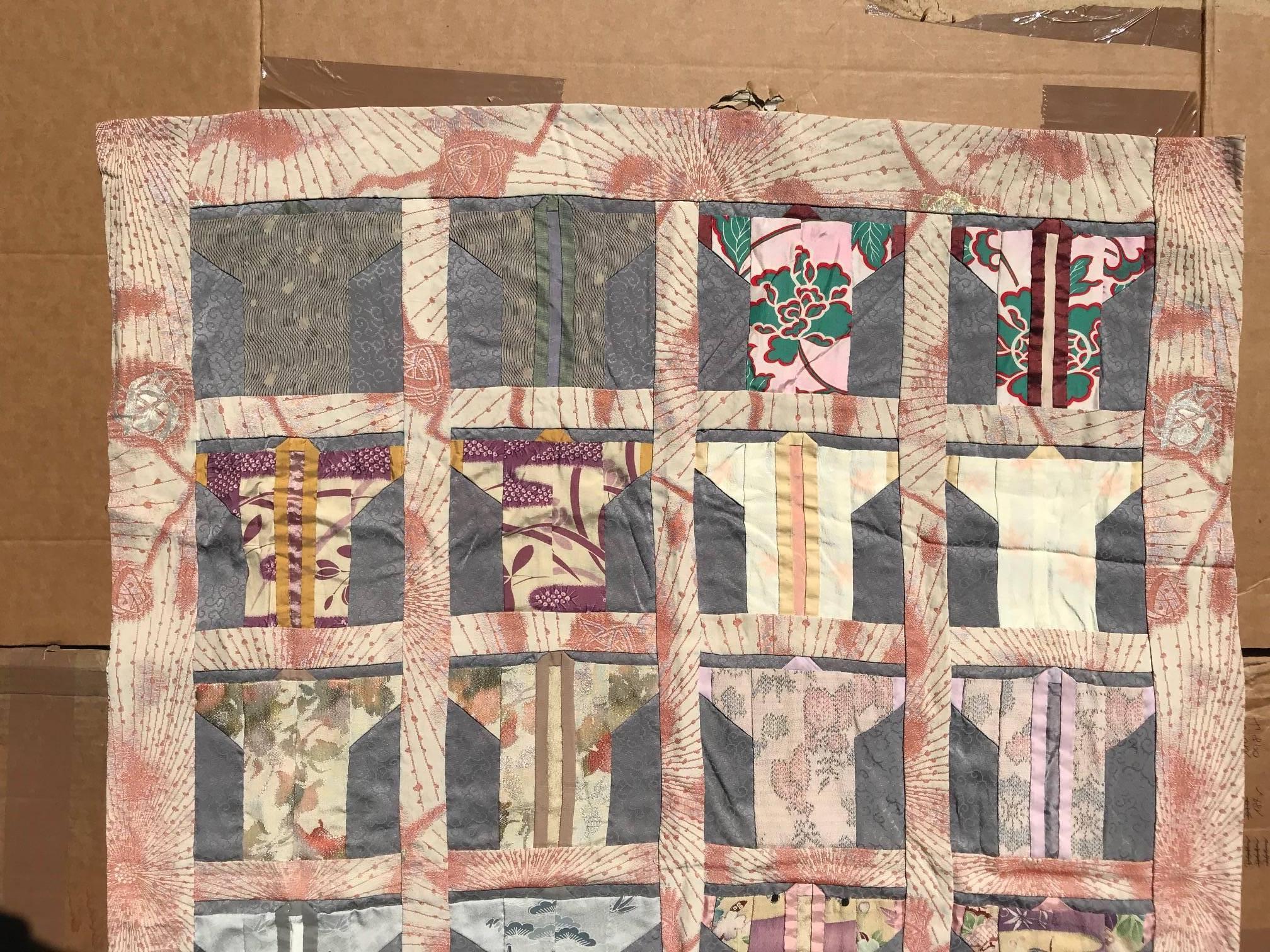 Hand-Crafted Japanese Fine Vintage Hand Sewn Silk Kimono Quilt Wall Art, Pretty Pastels