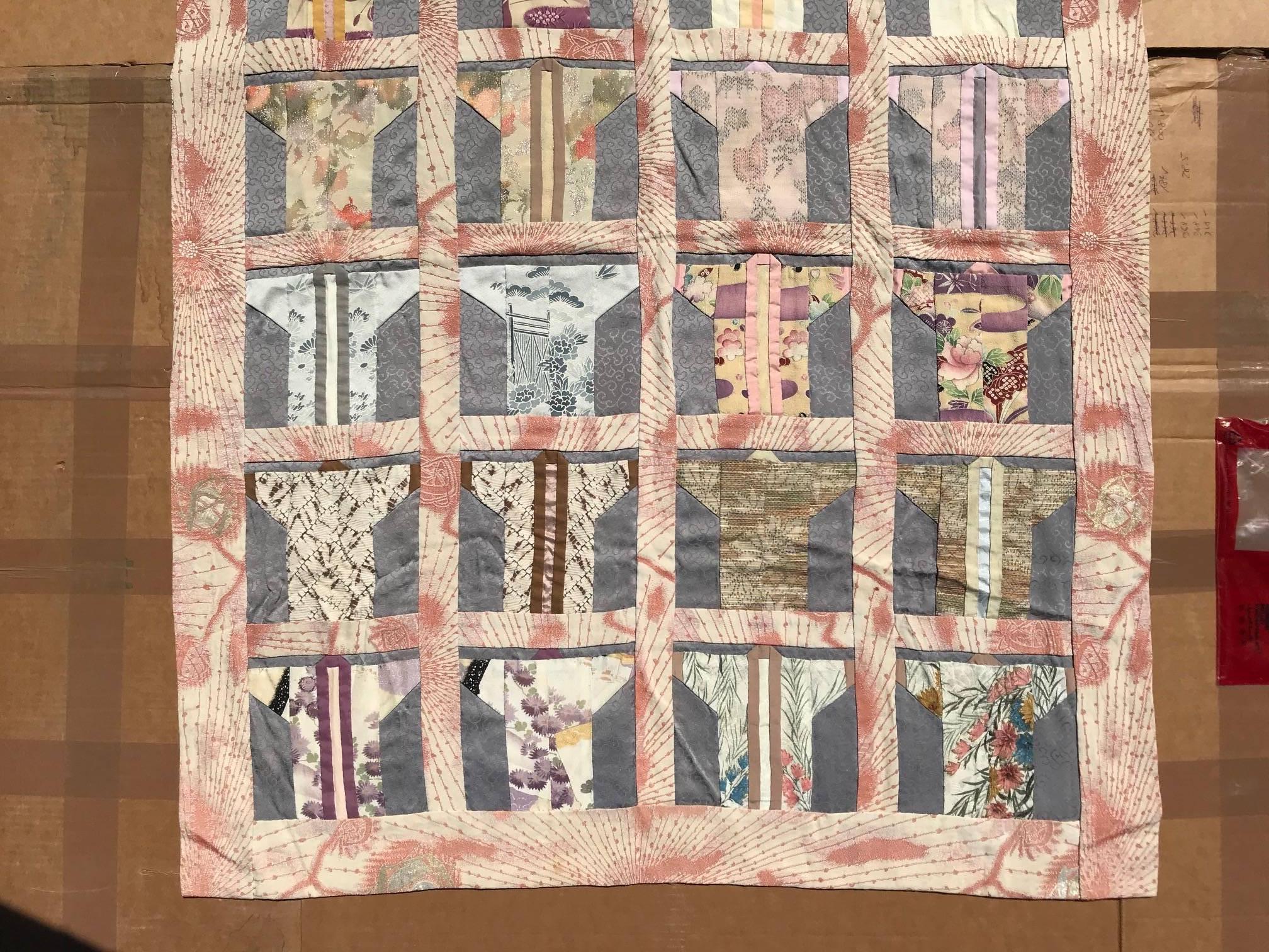 Japanese Fine Vintage Hand Sewn Silk Kimono Quilt Wall Art, Pretty Pastels In Good Condition In South Burlington, VT