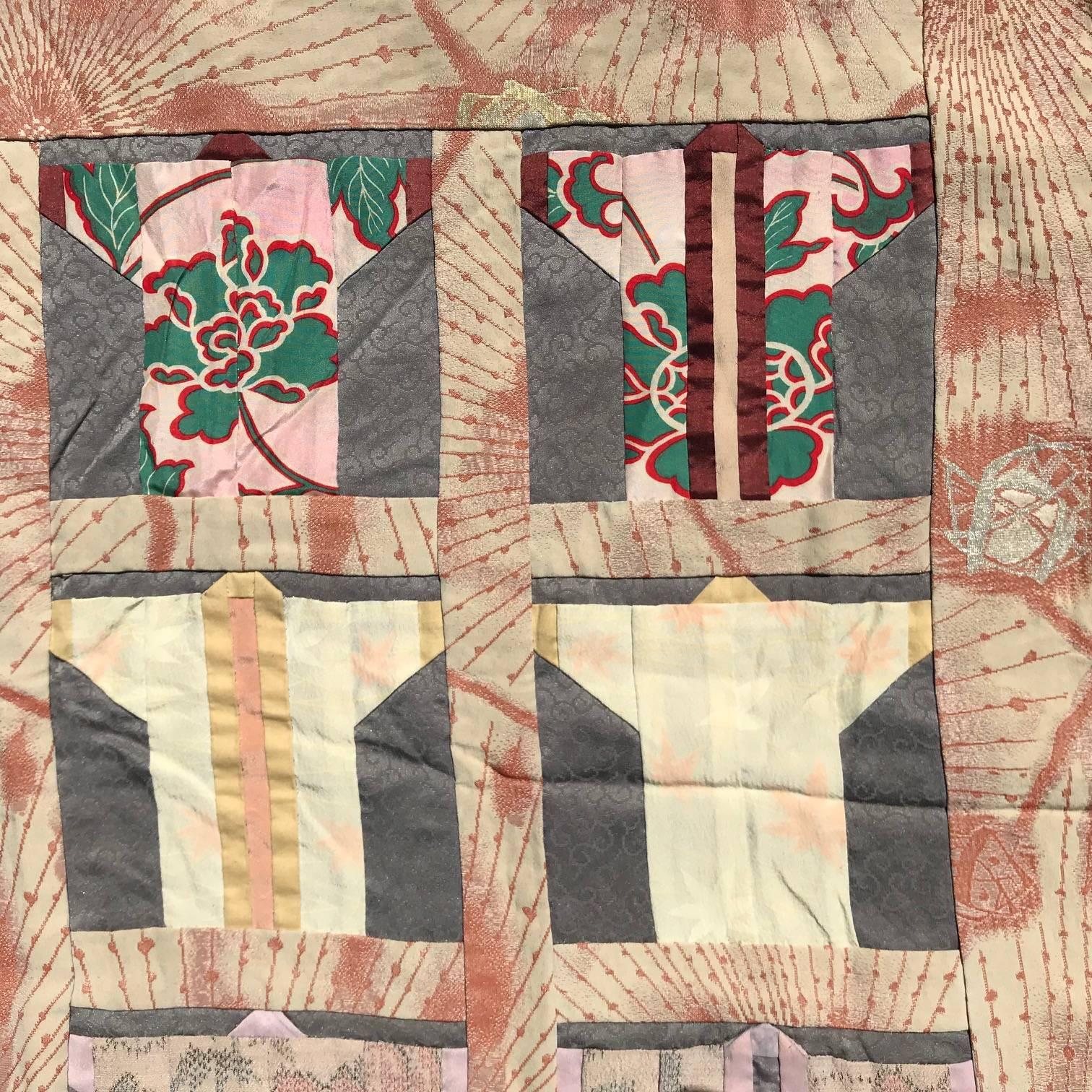 Japanese Fine Vintage Hand Sewn Silk Kimono Quilt Wall Art, Pretty Pastels 2