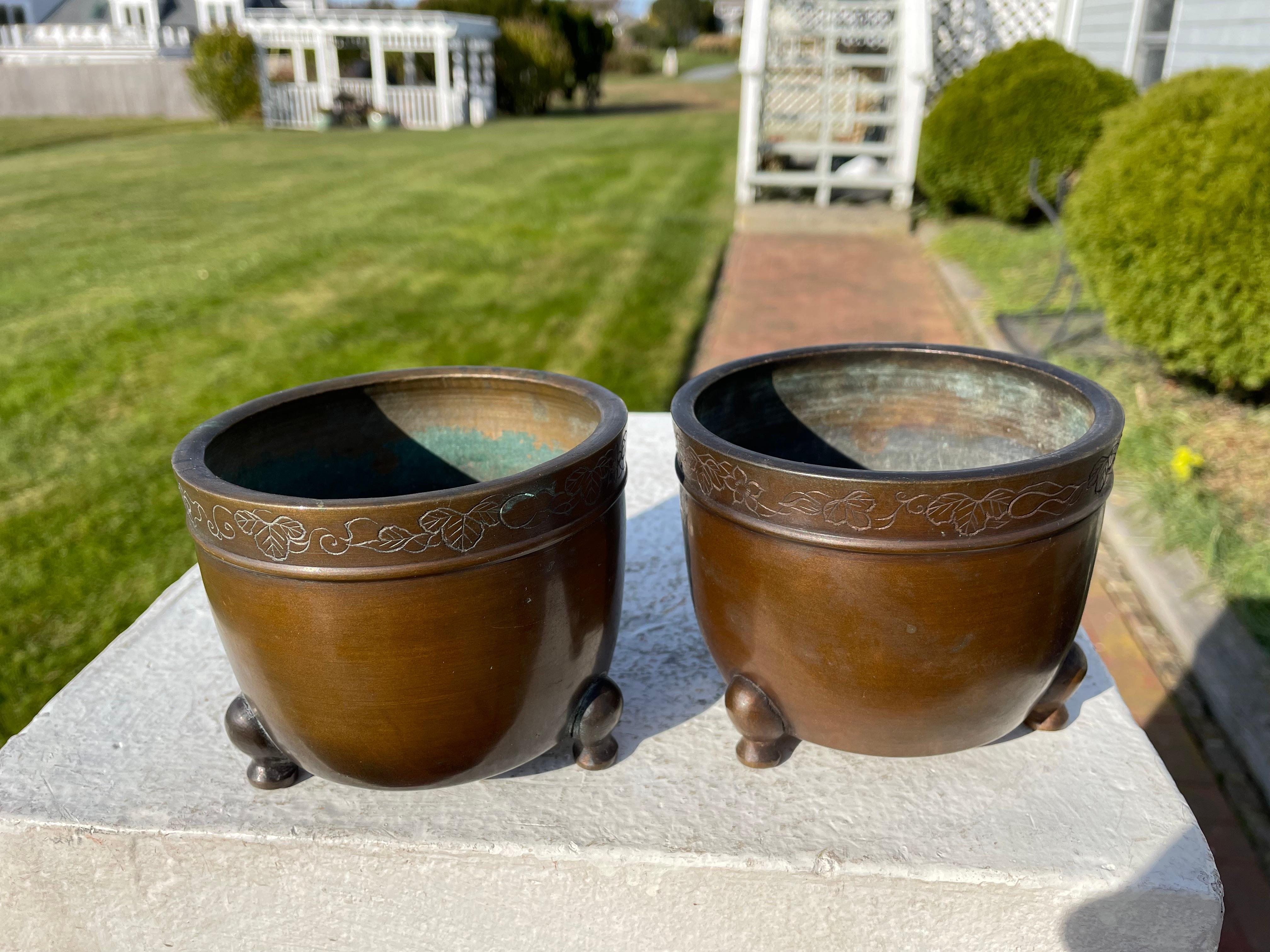 Showa Japanese Fine Vintage Pair Bronze Cache Pots