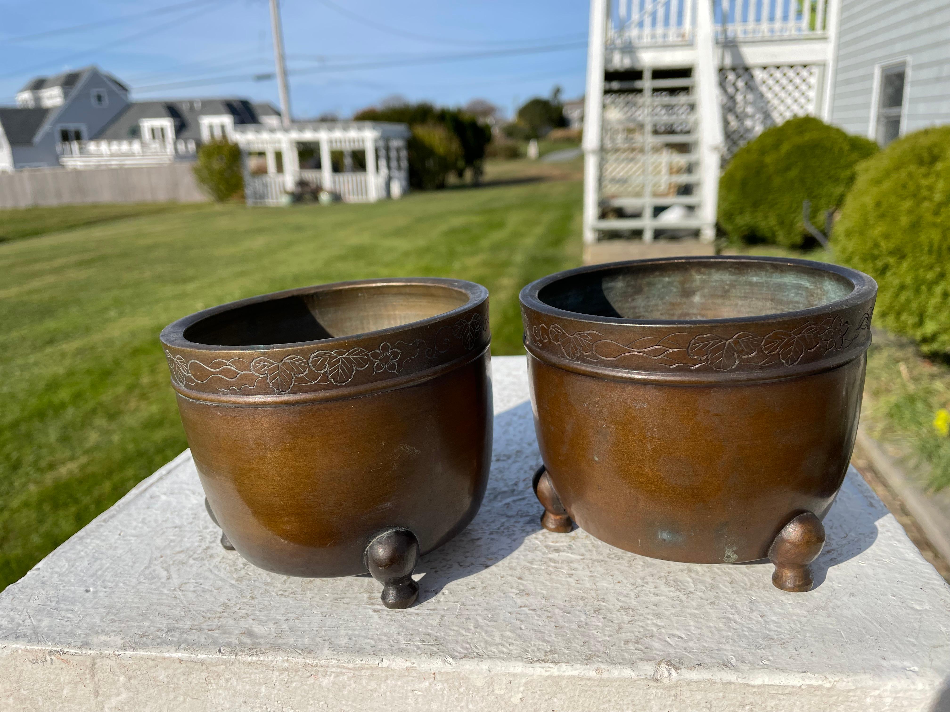 Japanese Fine Vintage Pair Bronze Cache Pots 3