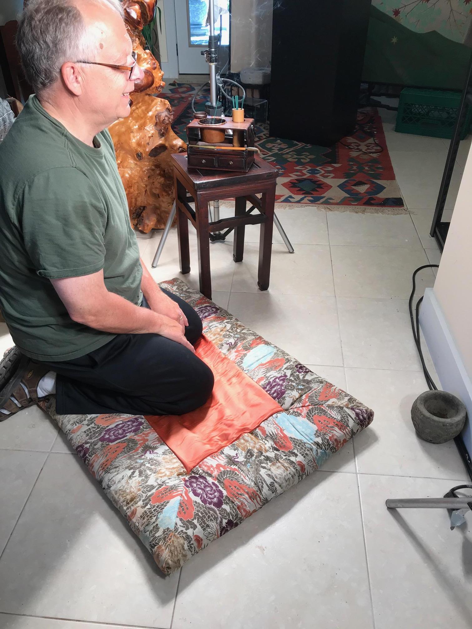 Rare find from our last Japanese Acquisition trip to Japan. 

A first. An authentic large Japanese antique meditation cushion or pillow rug crafted from beautiful silk. It dates to about 80 years ago and is still in fine usable