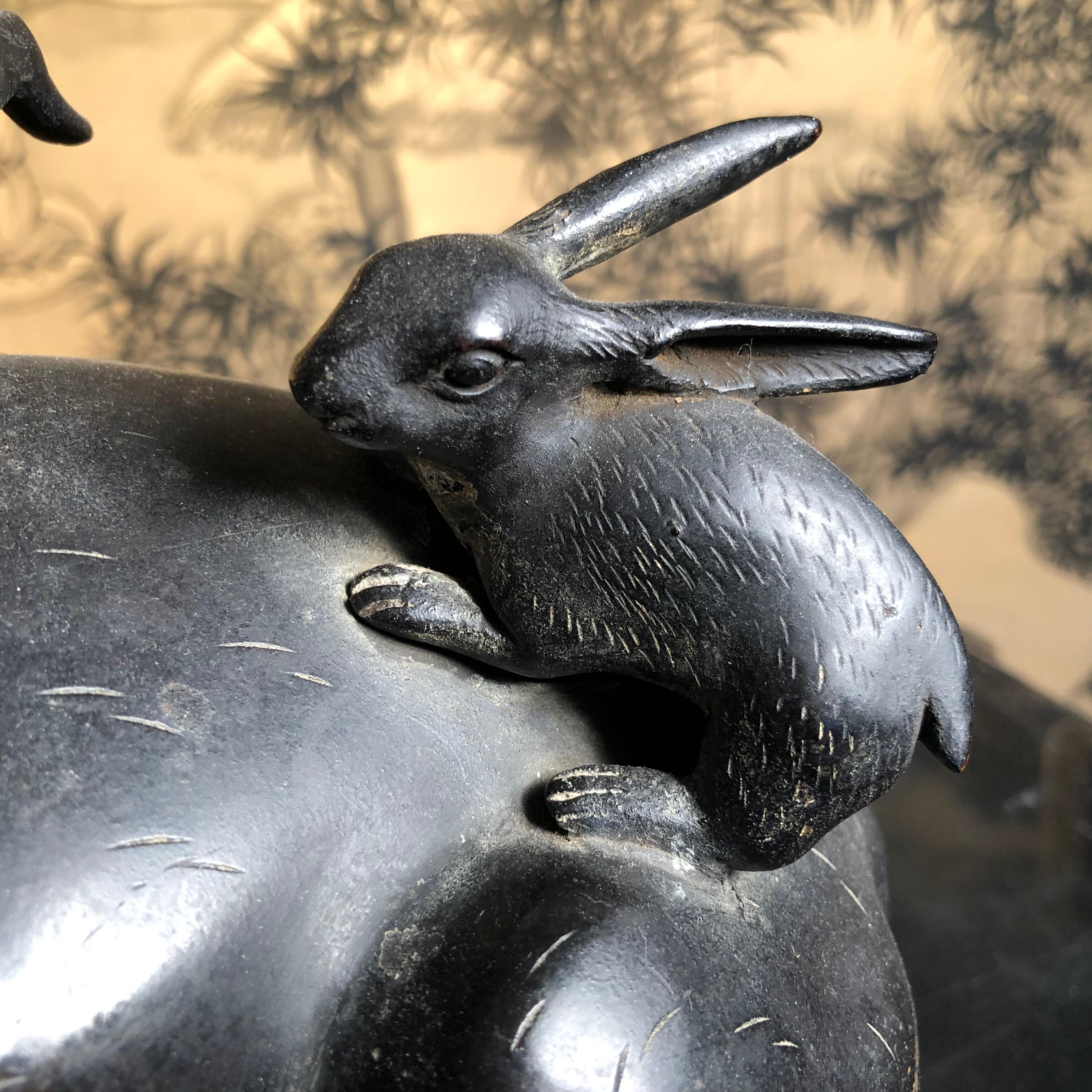 Hand-Crafted Japanese Big Bronze Trio Rabbits Usagi