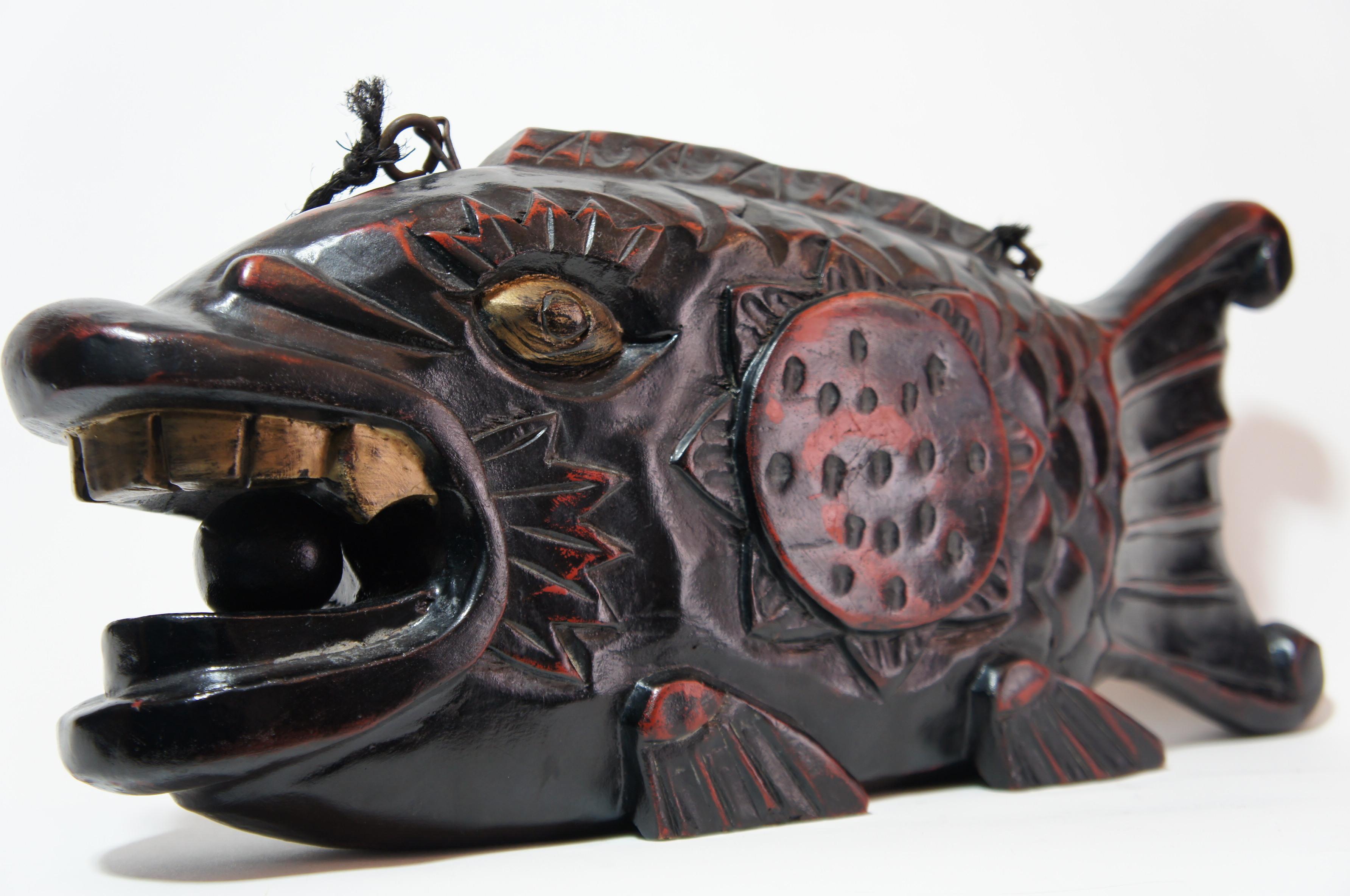 Hand-Carved Japanese Fish-Shaped Wooden Drum, 
