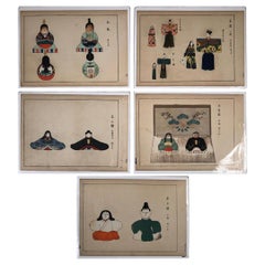 Japanese Five Antique "Doll & Toy" Woodblock Prints, Vibrant Colors, Frameable