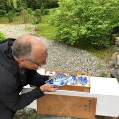 Japanese Five Hand Painted Blue and White Fish Plates