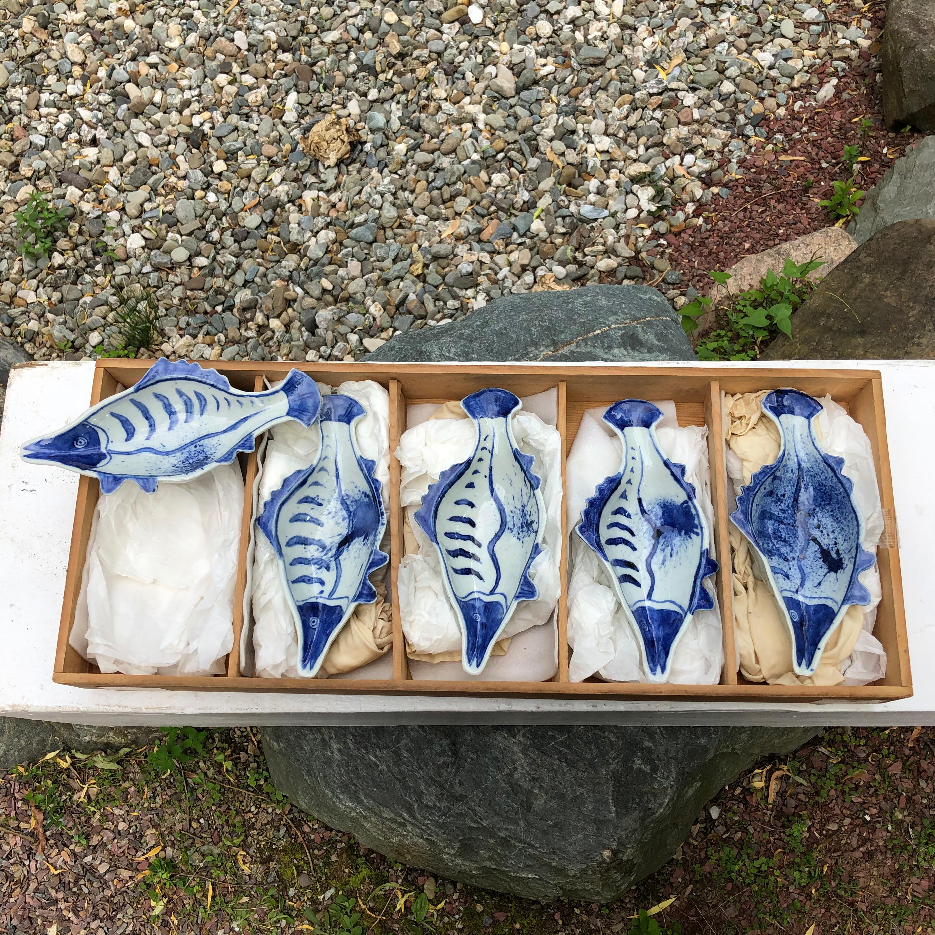 Taisho Japanese Five Hand Painted Blue and White Fish Plates 