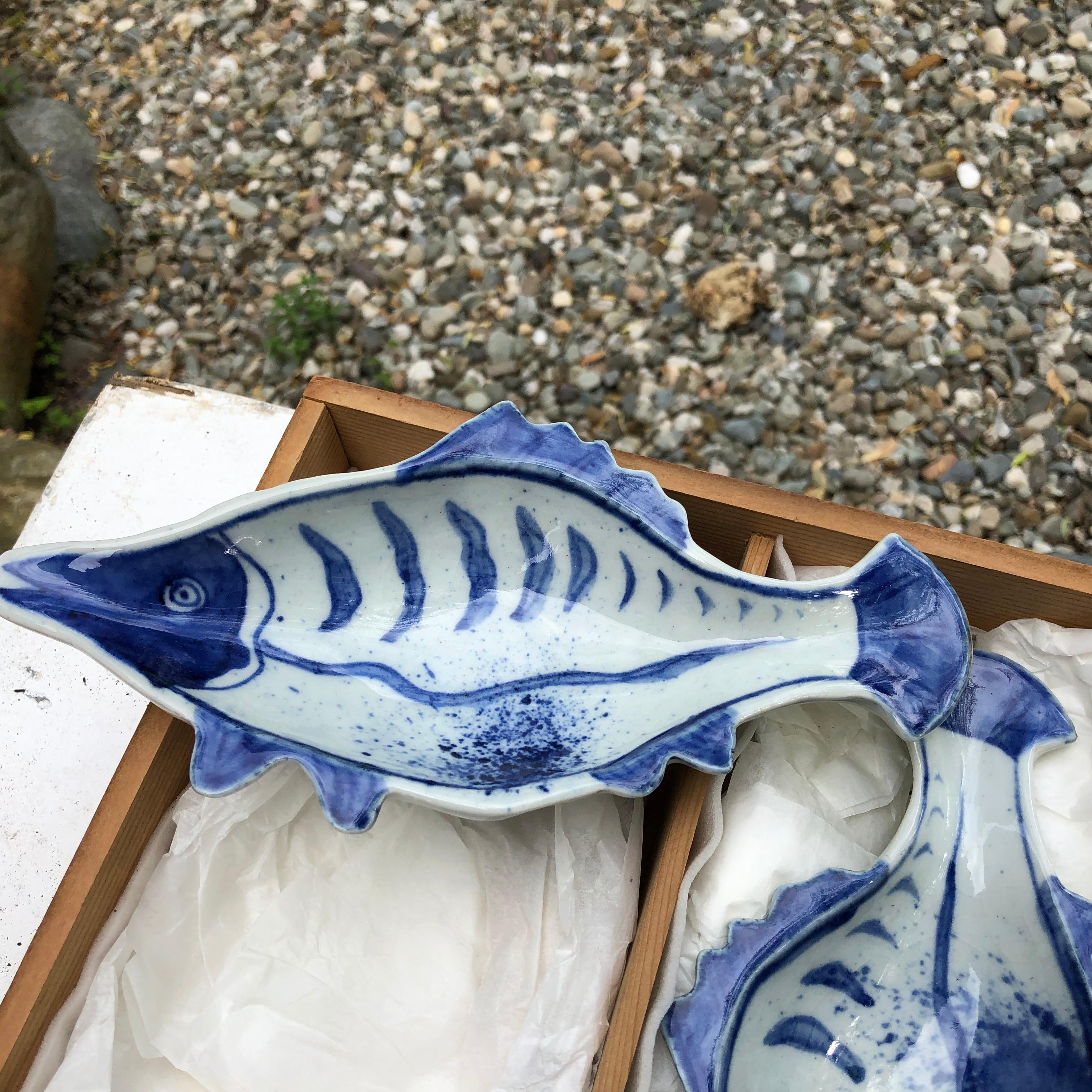 Hand-Painted Japanese Five Hand Painted Blue and White Fish Plates 