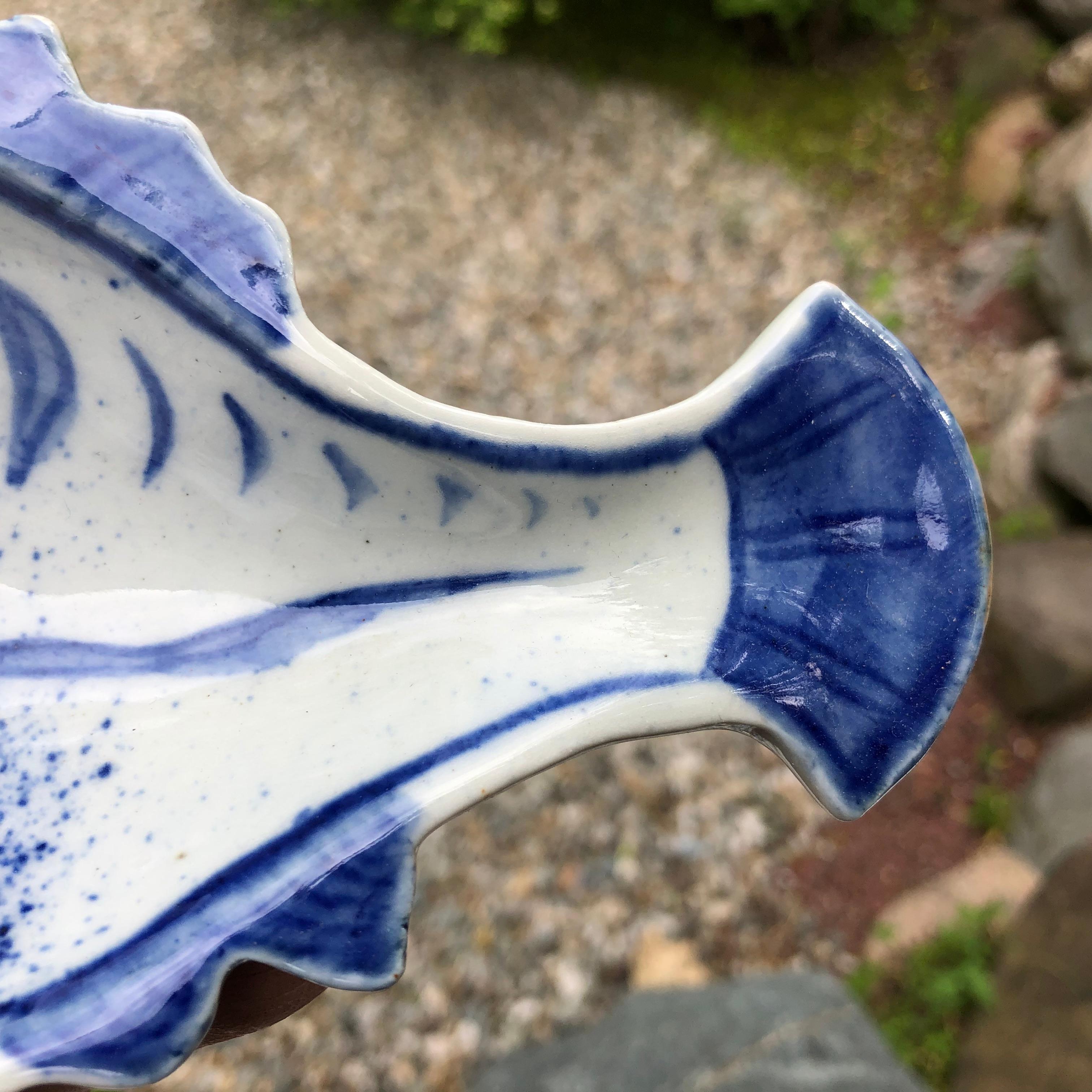 Ceramic Japanese Five Hand Painted Blue and White Fish Plates 