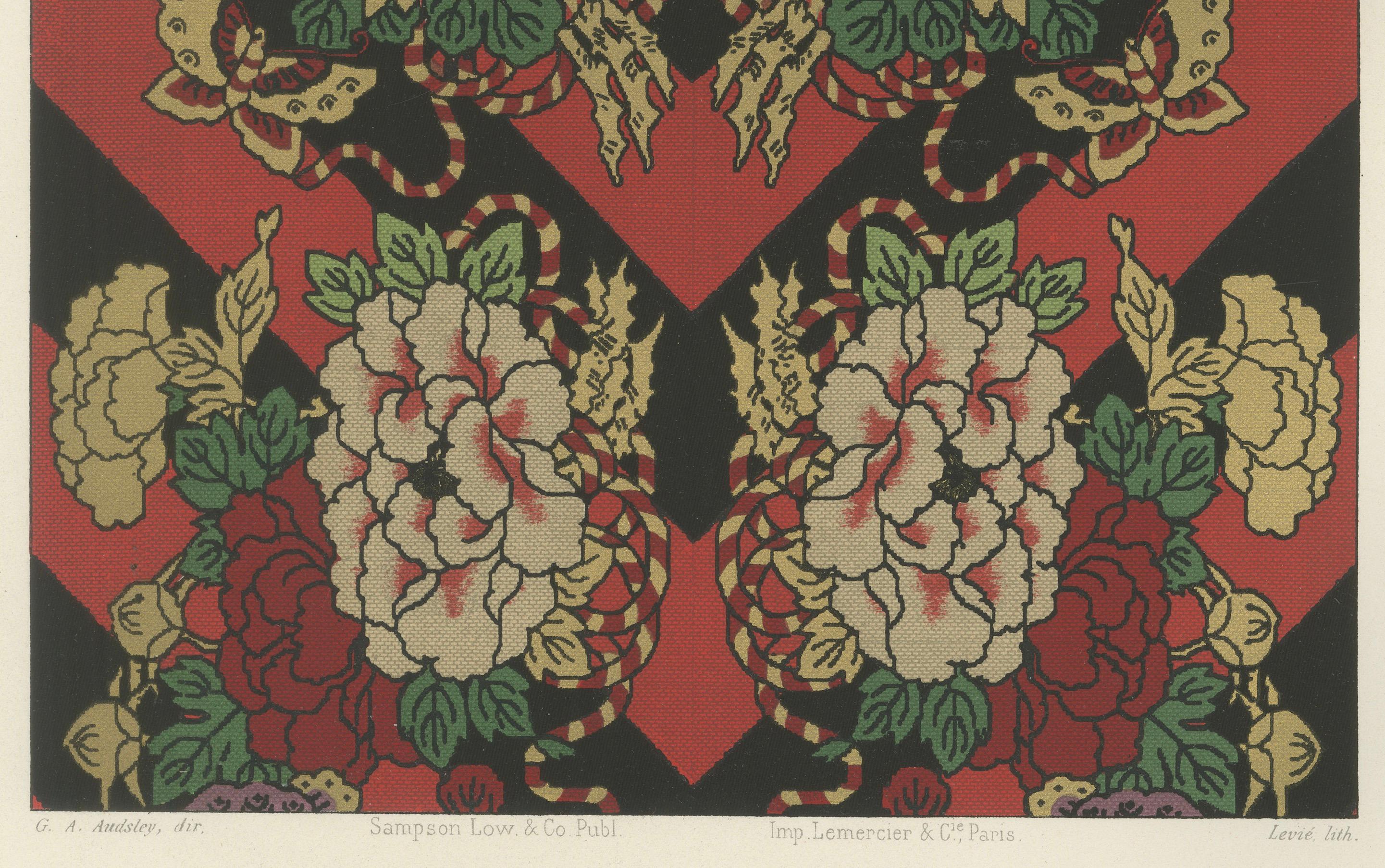 Titre : Motif textile japonais de fleurs et de papillons : Lithographie ancienne, années 1880

Description :
Cette lithographie vibrante des années 1880 présente un motif textile japonais saisissant qui combine magistralement la beauté naturelle des