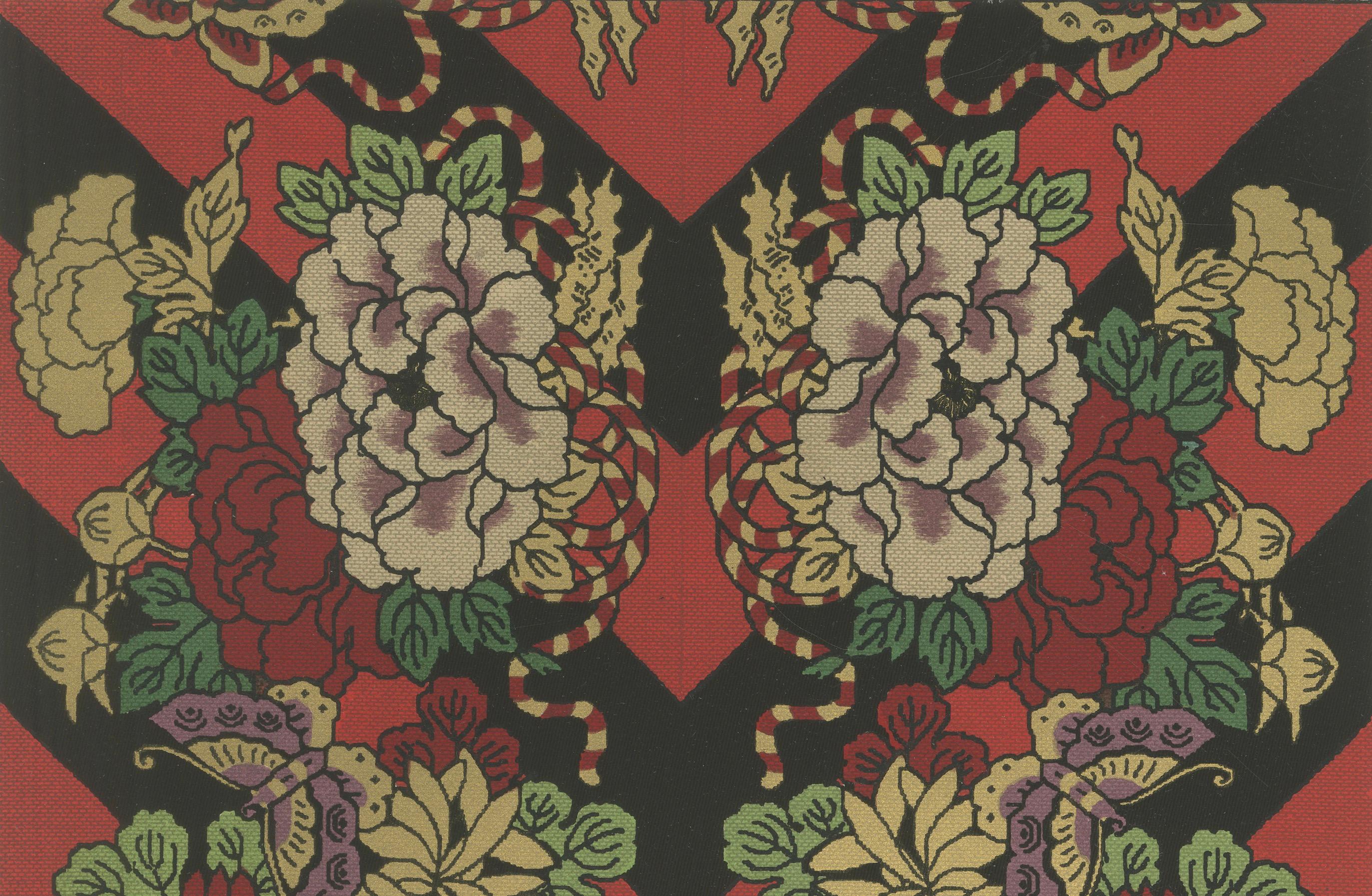 Motif textile japonais de fleurs et de papillons : Lithographie ancienne, années 1880 Bon état - En vente à Langweer, NL
