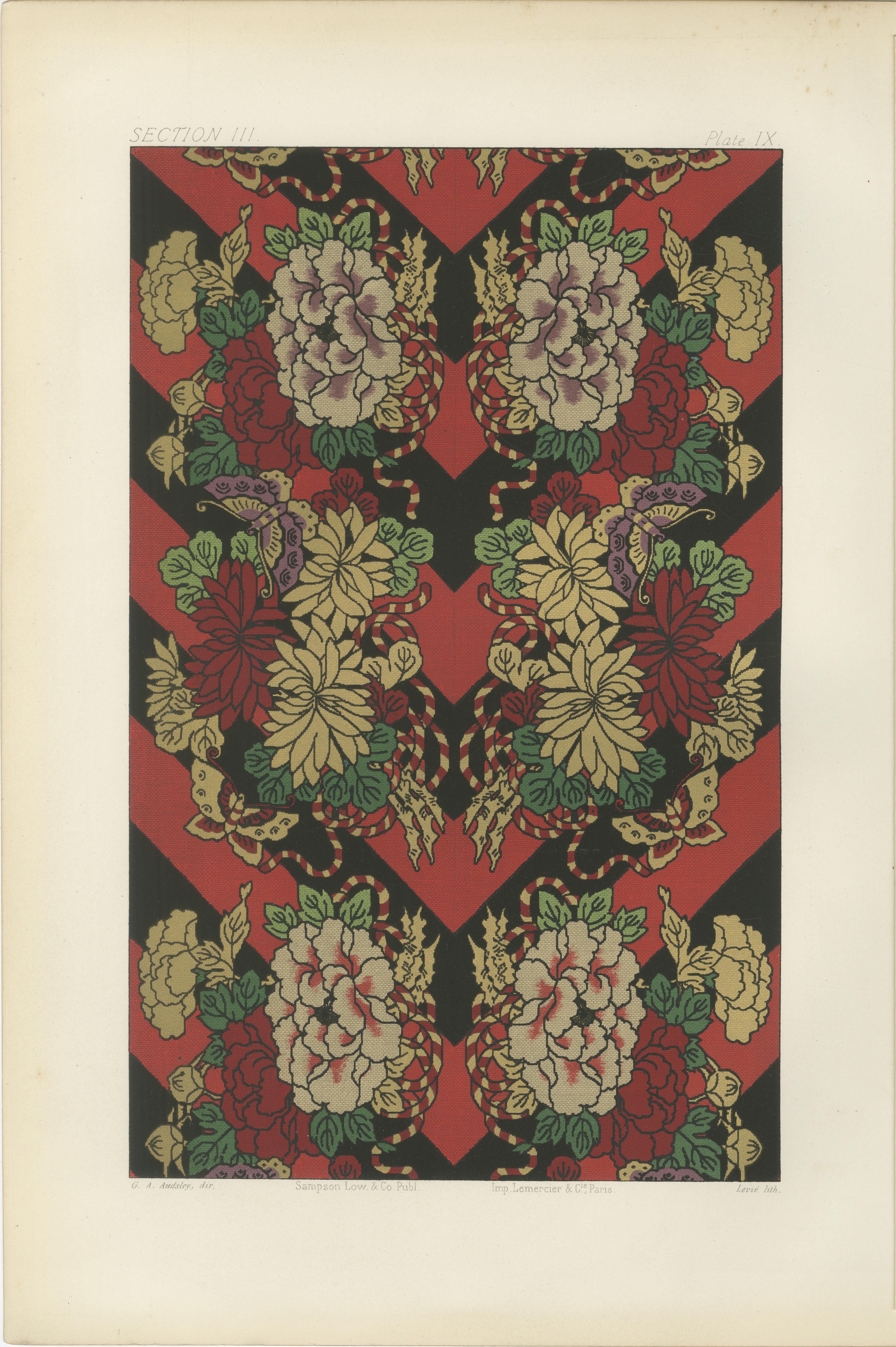 Motif textile japonais de fleurs et de papillons : Lithographie ancienne, années 1880 en vente 1