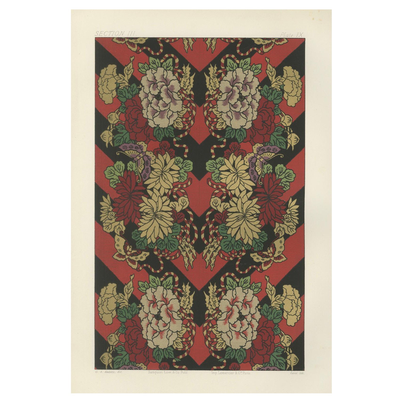 Japanisches Blumen- und Schmetterlings-Textilmuster: Antike Lithographie, 1880er Jahre