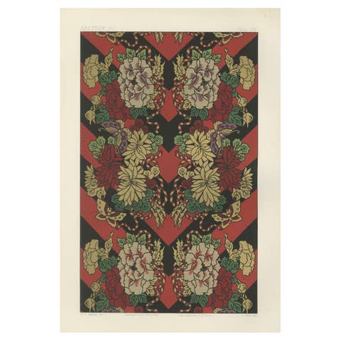 Japanese Floral and Butterfly Textile Pattern: Antique Lithograph, 1880s