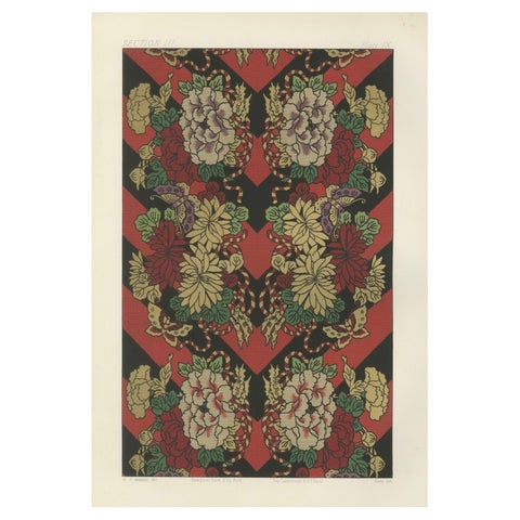Japanese Floral and Butterfly Textile Pattern: Antique Lithograph, 1880s