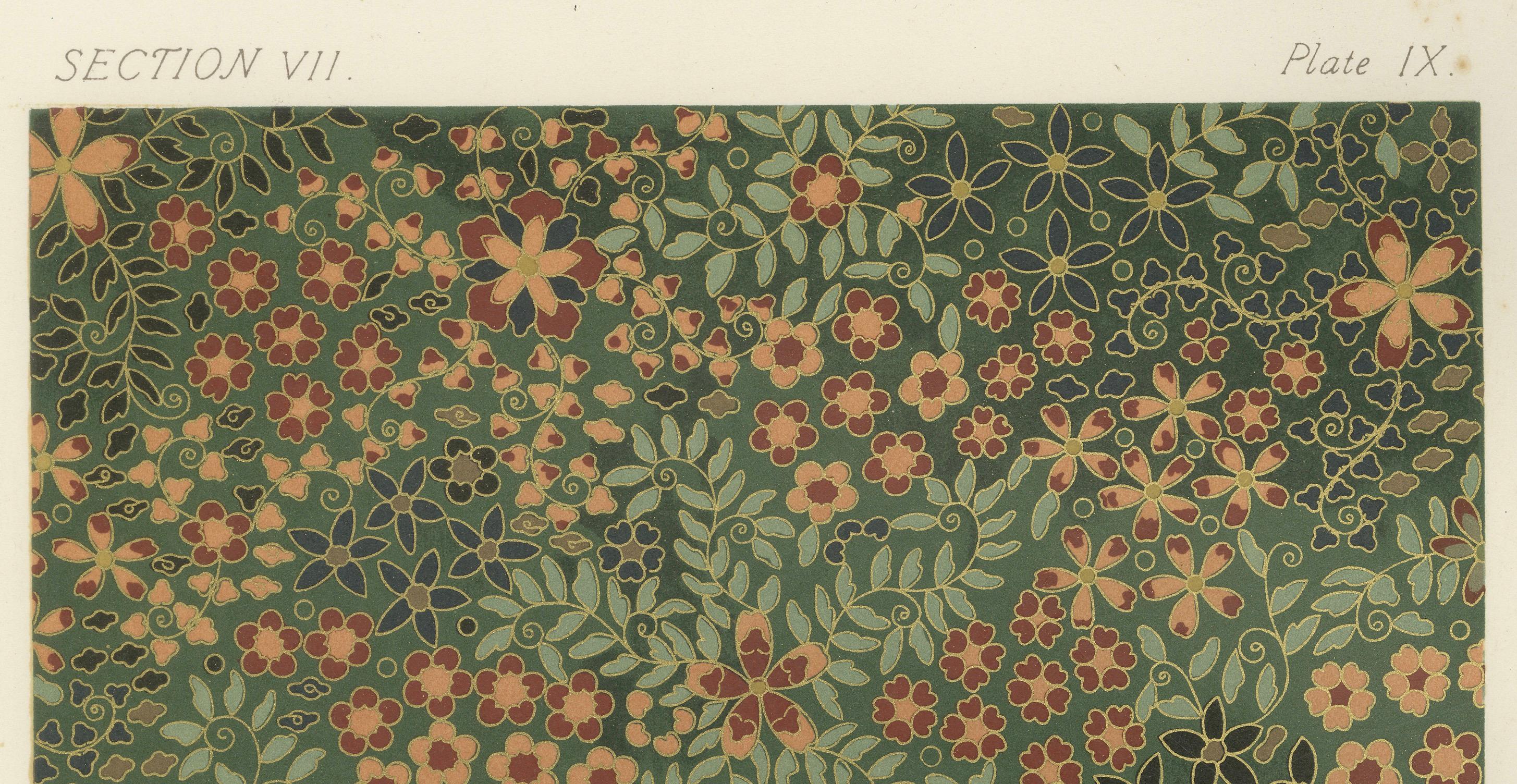 Titel: Japanisches florales Muster - Tafel IX aus Abschnitt VII  

Beschreibung: Dieser lebhafte und detaillierte Druck, Tafel IX aus Abschnitt VII von G. A. Audsleys Werk über japanische dekorative Kunst, zeigt ein kompliziertes Blumenmuster in