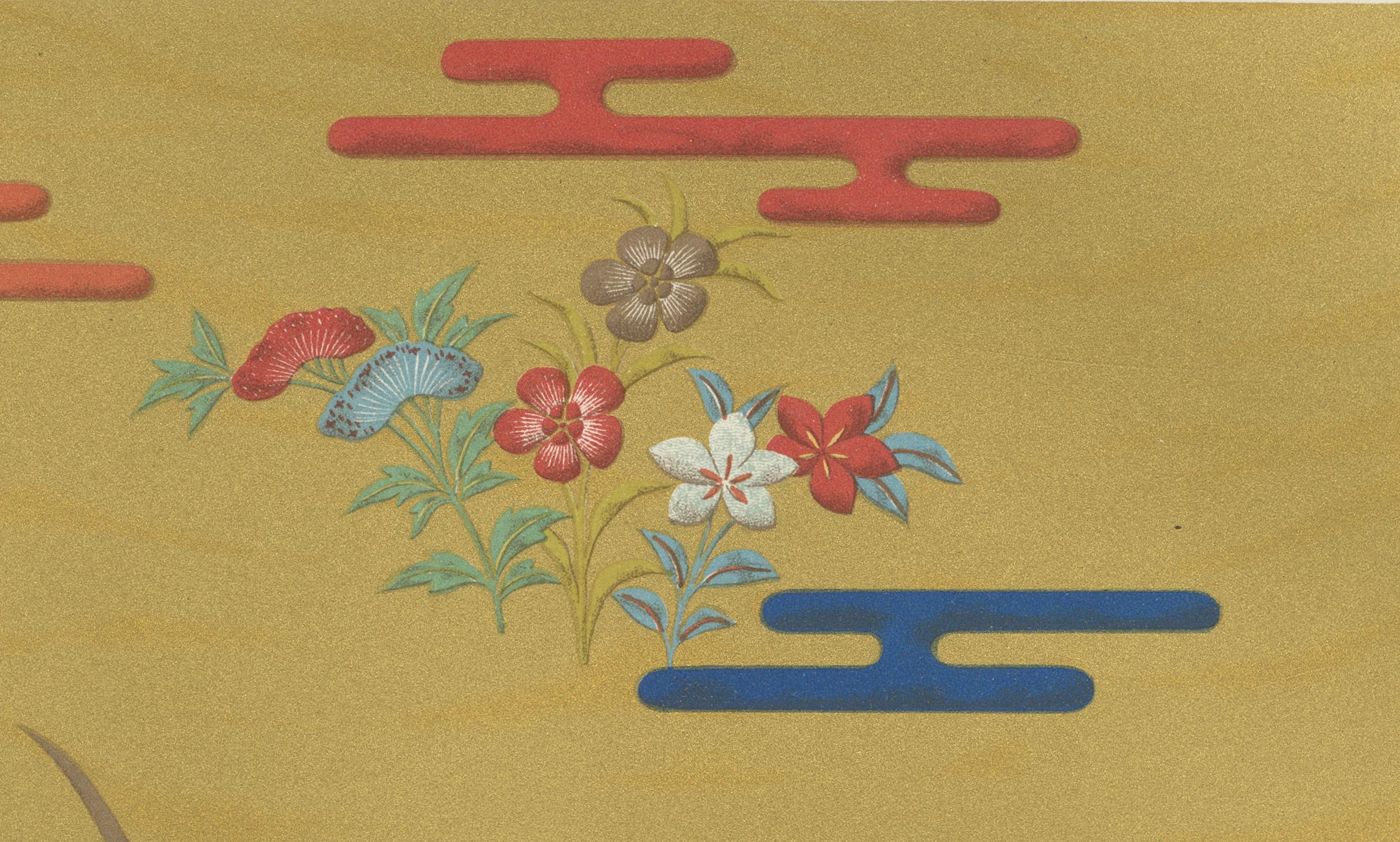 Japanische Blumenwiese vor goldener Kulisse: Antike Lithographie, 1880er Jahre

Diese farbenfrohe Lithografie aus den 1880er Jahren zeigt ein lebhaftes Arrangement von Blumen und Gräsern vor einem schimmernden goldenen Hintergrund, der ein Gefühl