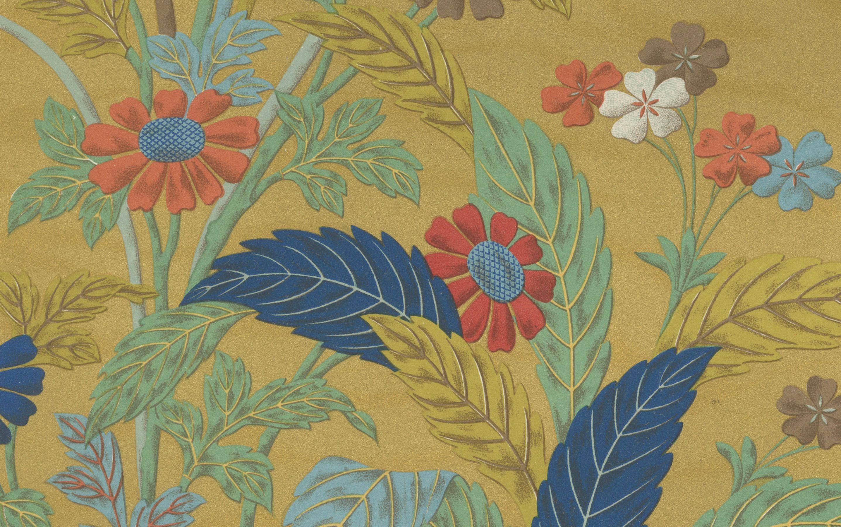 Japanische Blumenwiese vor goldener Kulisse: Antike Lithographie, 1880er Jahre im Zustand „Gut“ im Angebot in Langweer, NL