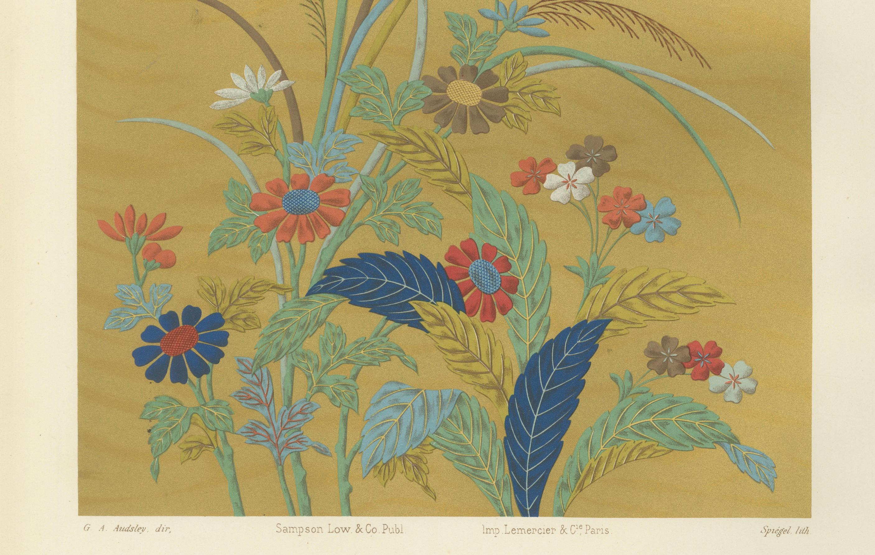 Japanische Blumenwiese vor goldener Kulisse: Antike Lithographie, 1880er Jahre (Spätes 19. Jahrhundert) im Angebot