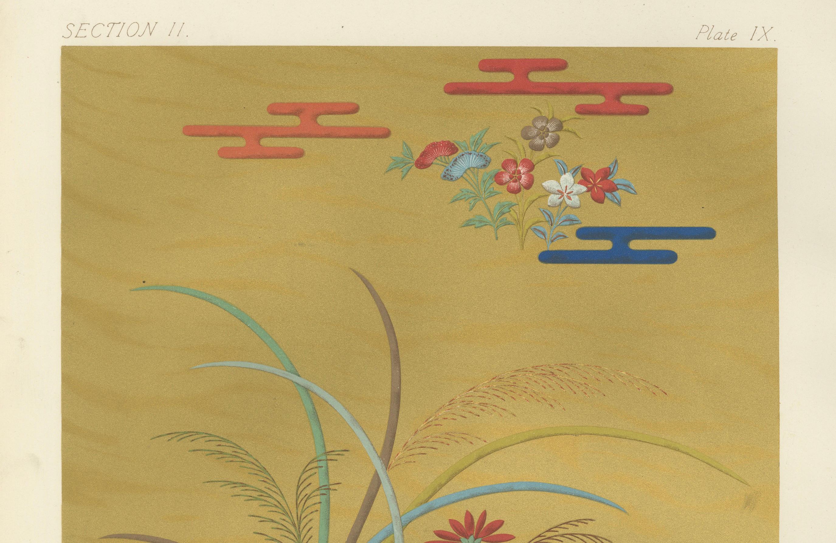 Japanische Blumenwiese vor goldener Kulisse: Antike Lithographie, 1880er Jahre (Papier) im Angebot