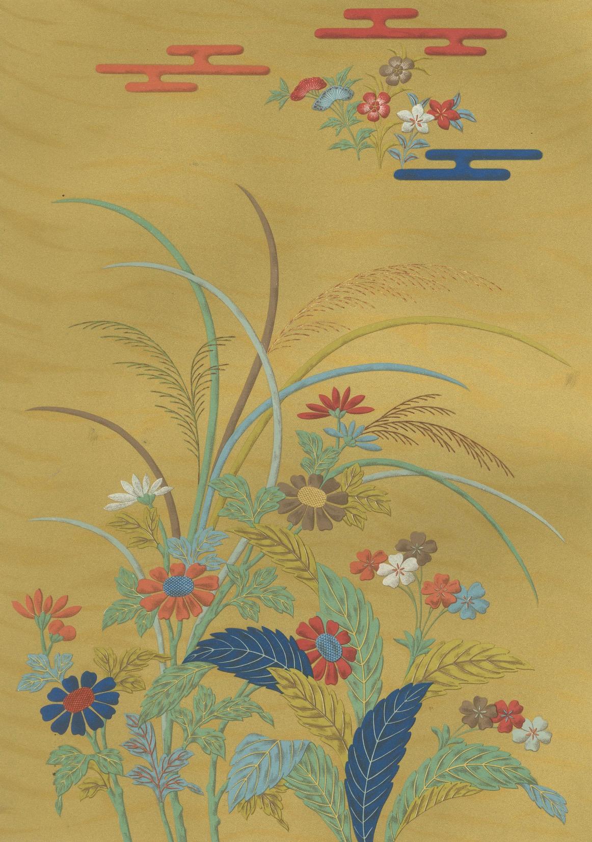 Japanische Blumenwiese vor goldener Kulisse: Antike Lithographie, 1880er Jahre im Angebot 1