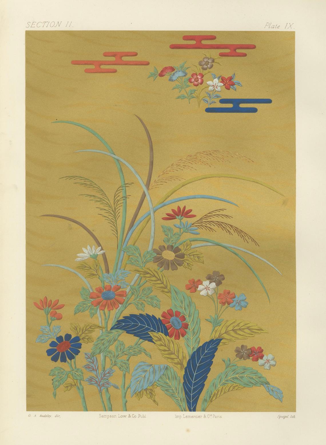 Japanische Blumenwiese vor goldener Kulisse: Antike Lithographie, 1880er Jahre im Angebot 2