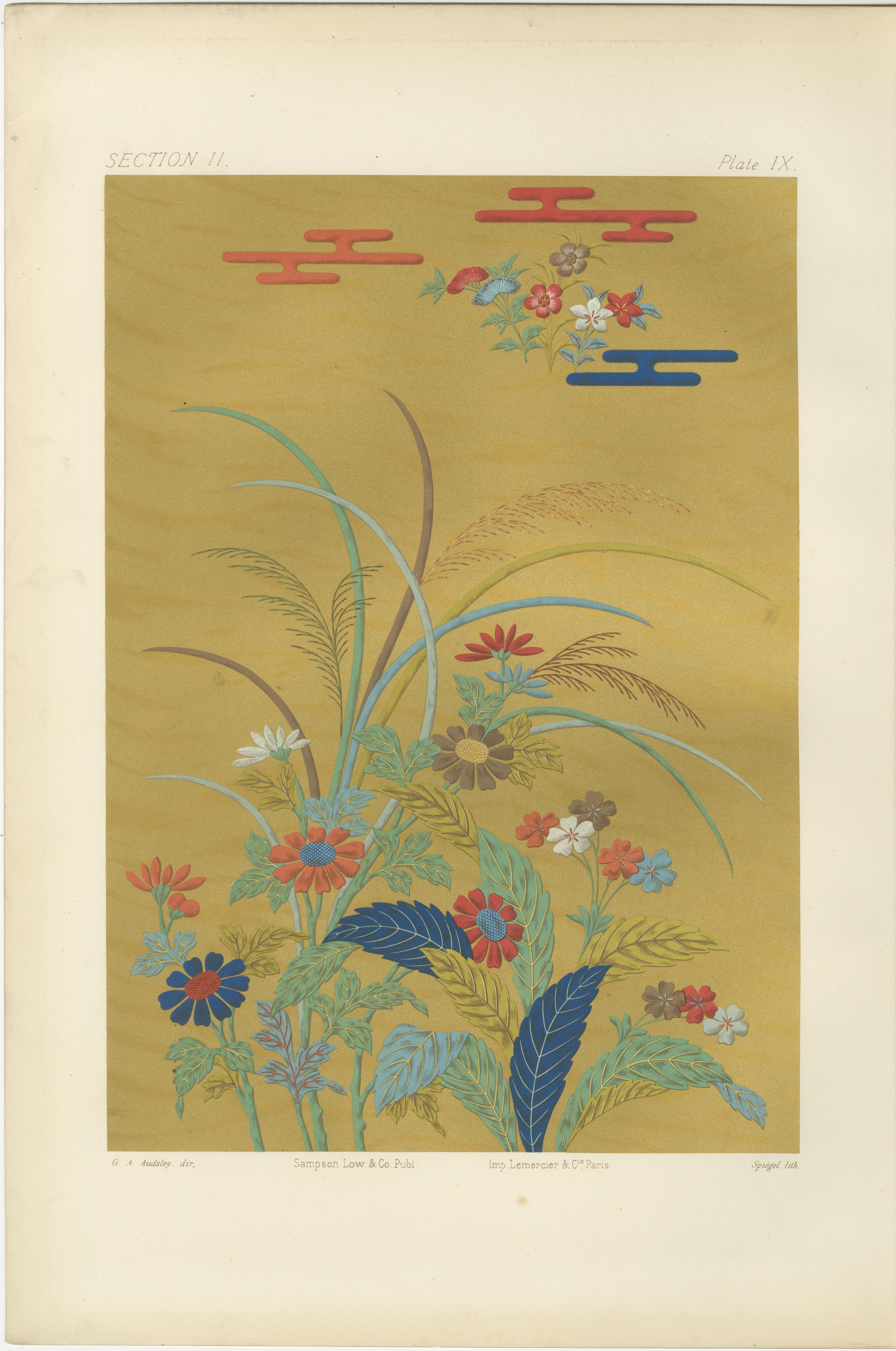 Japanische Blumenwiese vor goldener Kulisse: Antike Lithographie, 1880er Jahre im Angebot 3