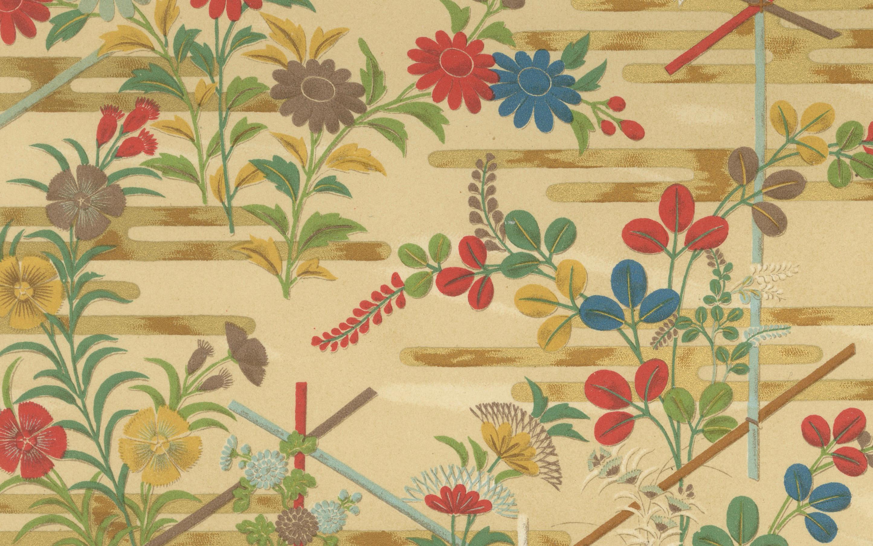 Japanische Blumenmotive auf goldenem Hintergrund: Antike Lithographie, 1880er Jahre

Diese bezaubernde Lithografie aus den 1880er Jahren zeigt ein kunstvolles Arrangement von lebhaften japanischen Blumenmotiven vor einem warmen, goldenen