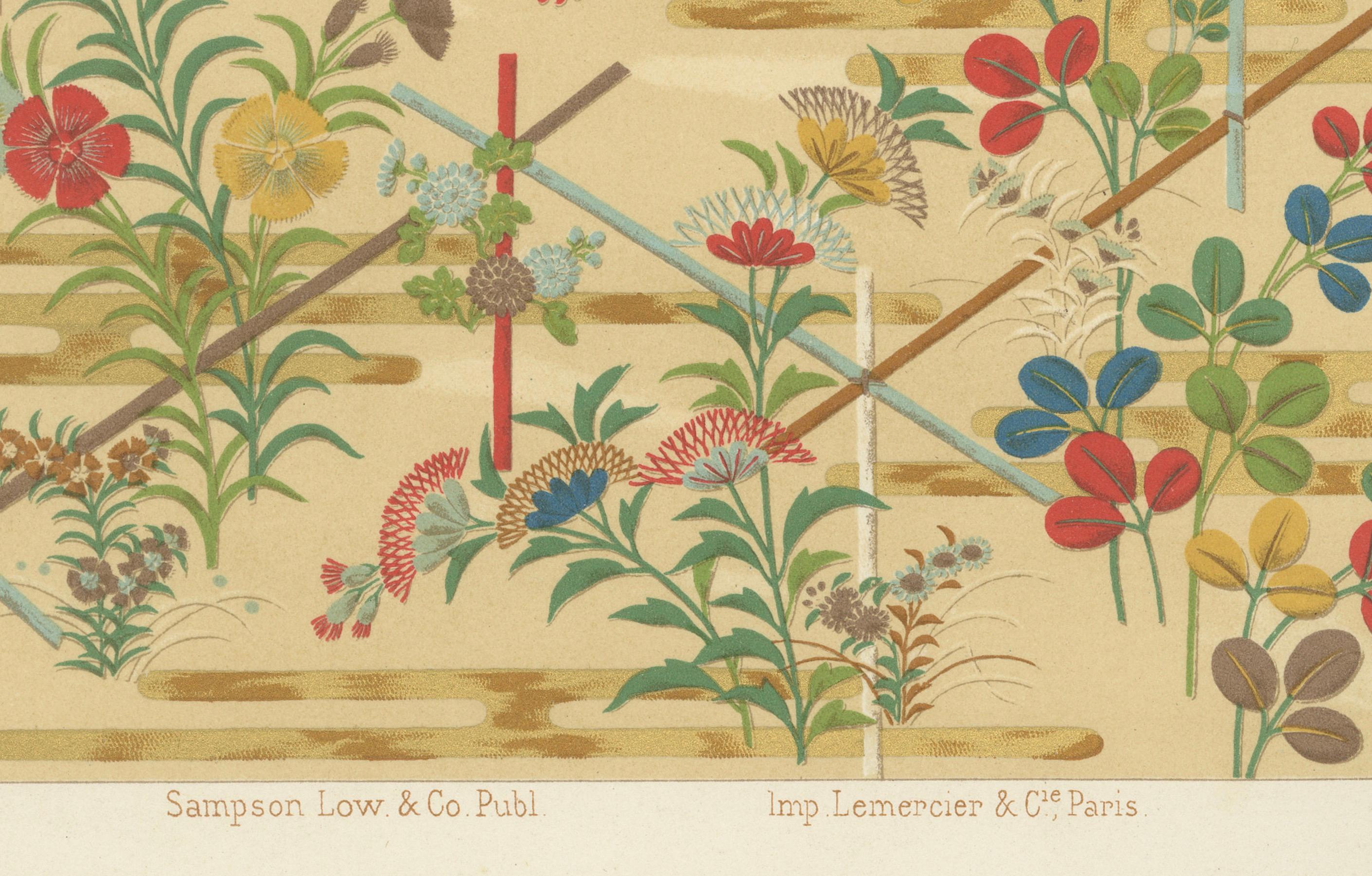 Japanische Blumenmotive auf goldenem Hintergrund: Antike Lithographie, 1880er Jahre im Zustand „Gut“ im Angebot in Langweer, NL