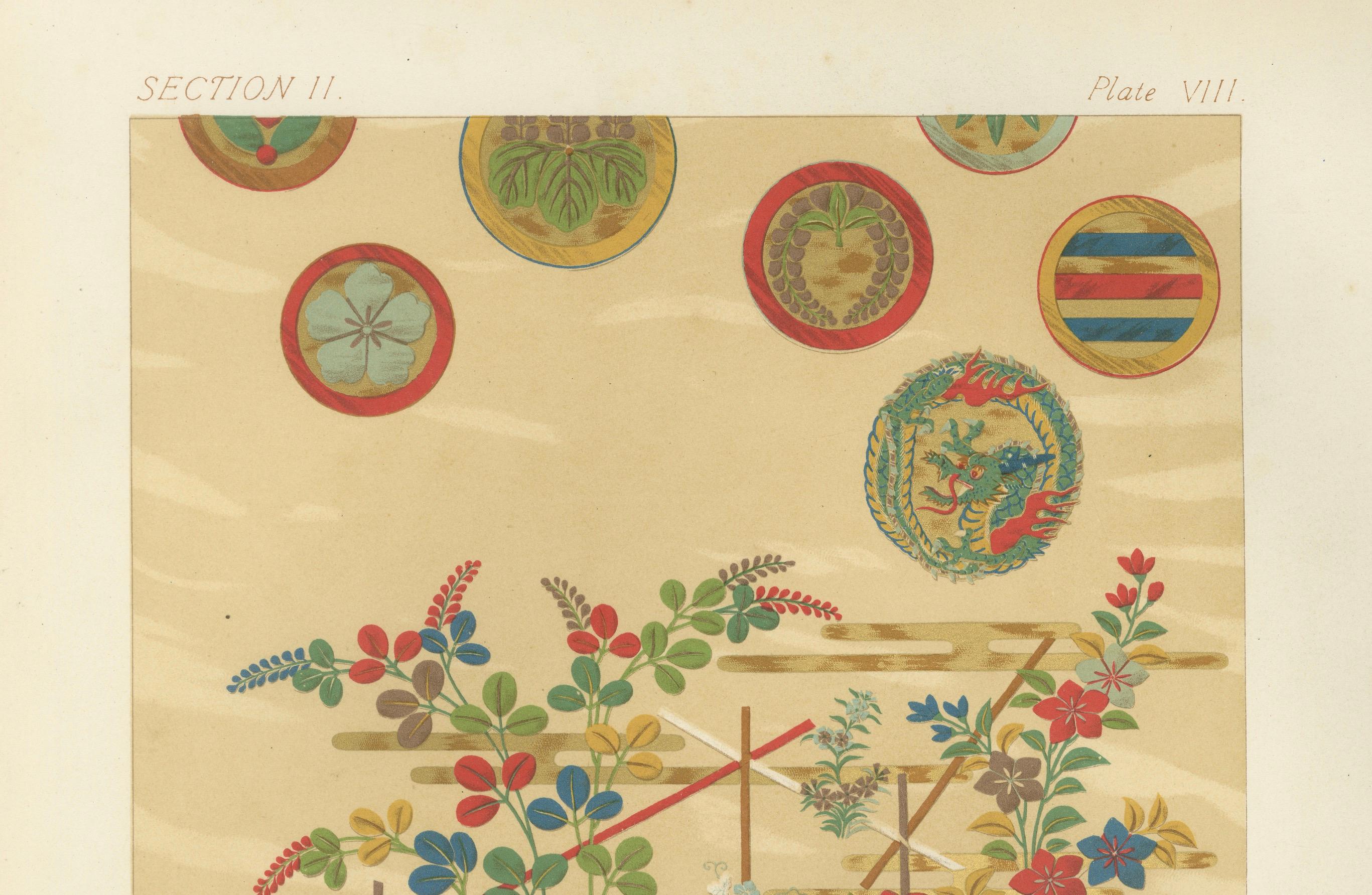 Japanische Blumenmotive auf goldenem Hintergrund: Antike Lithographie, 1880er Jahre (Papier) im Angebot