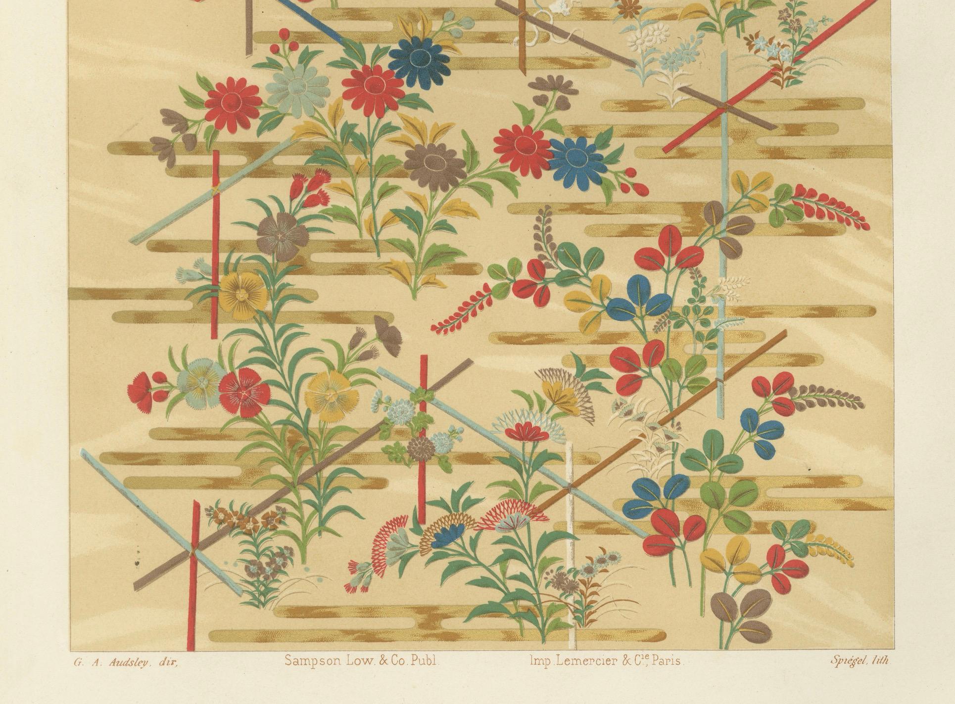 Japanische Blumenmotive auf goldenem Hintergrund: Antike Lithographie, 1880er Jahre im Angebot 1