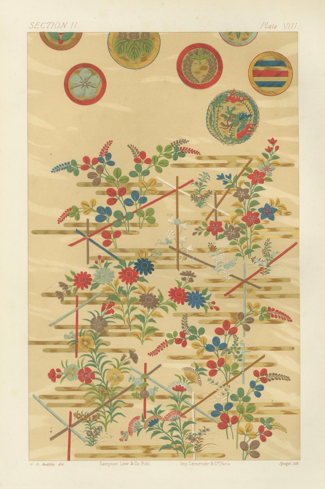 Japanische Blumenmotive auf goldenem Hintergrund: Antike Lithographie, 1880er Jahre im Angebot 2