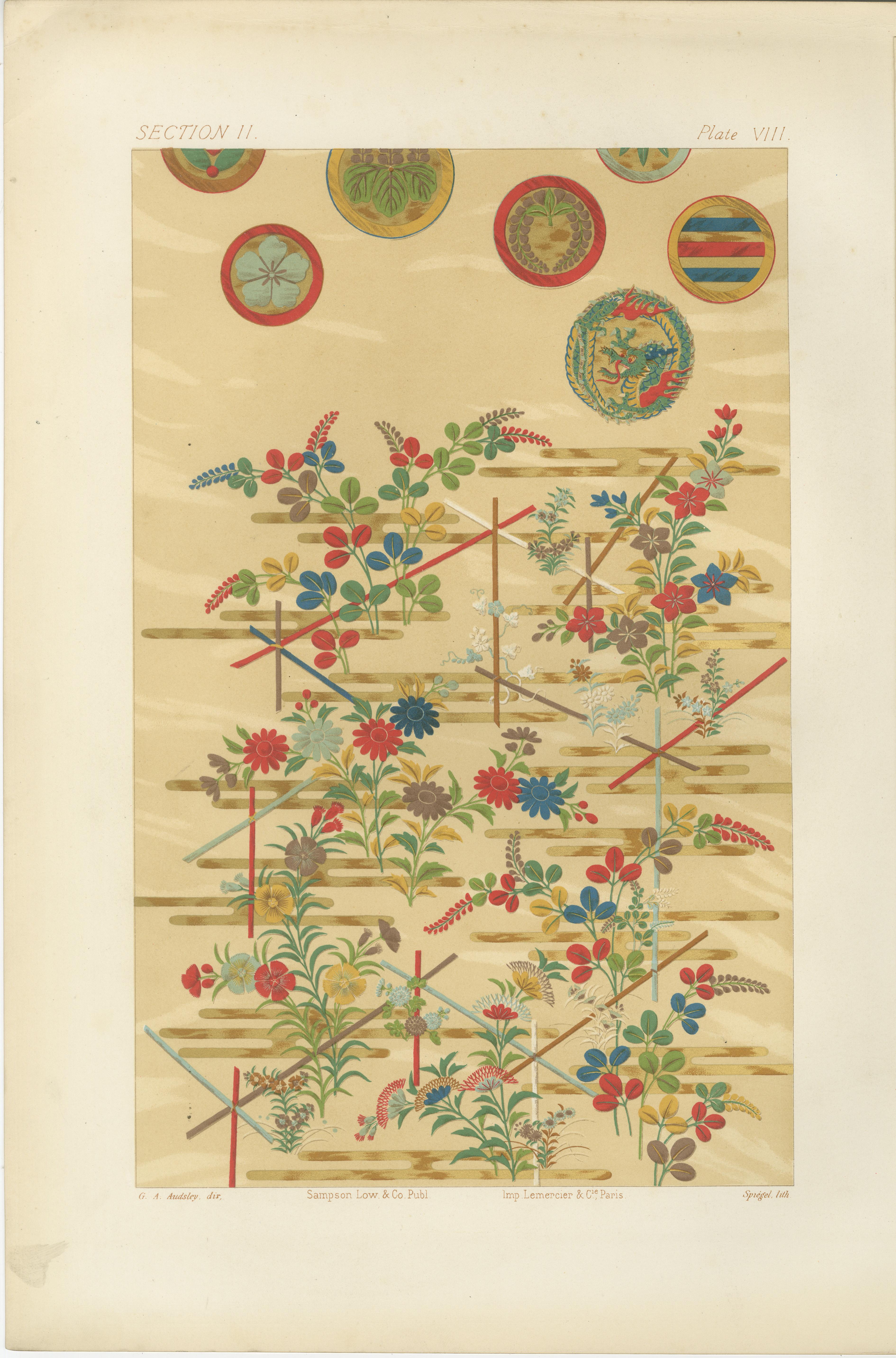 Japanische Blumenmotive auf goldenem Hintergrund: Antike Lithographie, 1880er Jahre im Angebot 3